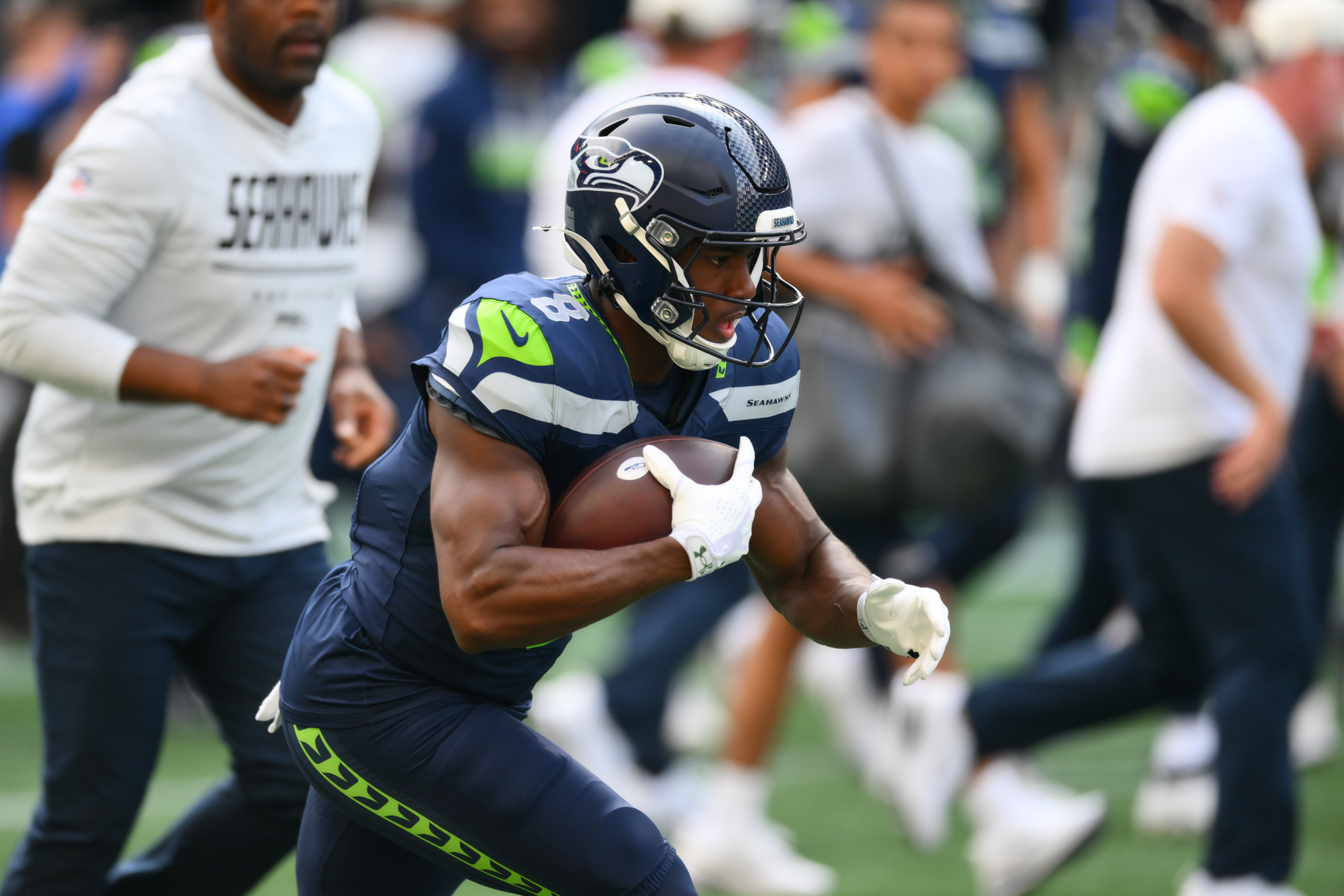Aug 15, 2026; Seattle, Washington, USA; Seattle Seahawks running back Jadarian Price (8) during warmups before the game against the Dallas Cowboys at Lumen Field. Mandatory Credit: Steven Bisig-Imagn Images