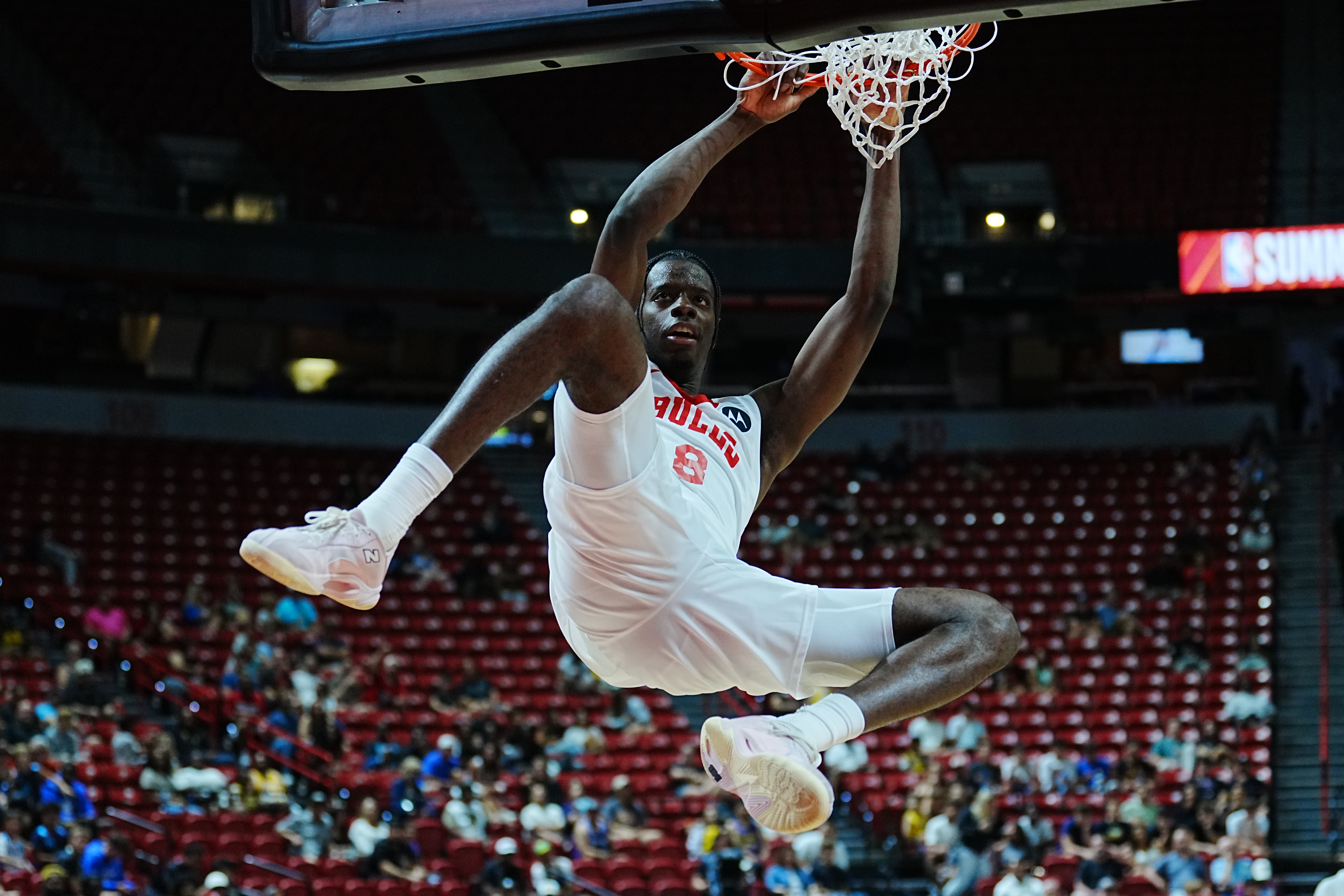 LAS VEGAS, NEVADA - JULY 16: Caleb Wilson #8 of the Chicago Bulls dunks in the second half of the 2026 NBA Summer League game against the Los Angeles Lakersat the Thomas & Mack Center on July 16, 2026 in Las Vegas, Nevada. NOTE TO USER: User expressly acknowledges and agrees that, by downloading and or using this photograph, User is consenting to the terms and conditions of the Getty Images License Agreement. (Photo by Louis Grasse/Getty Images)