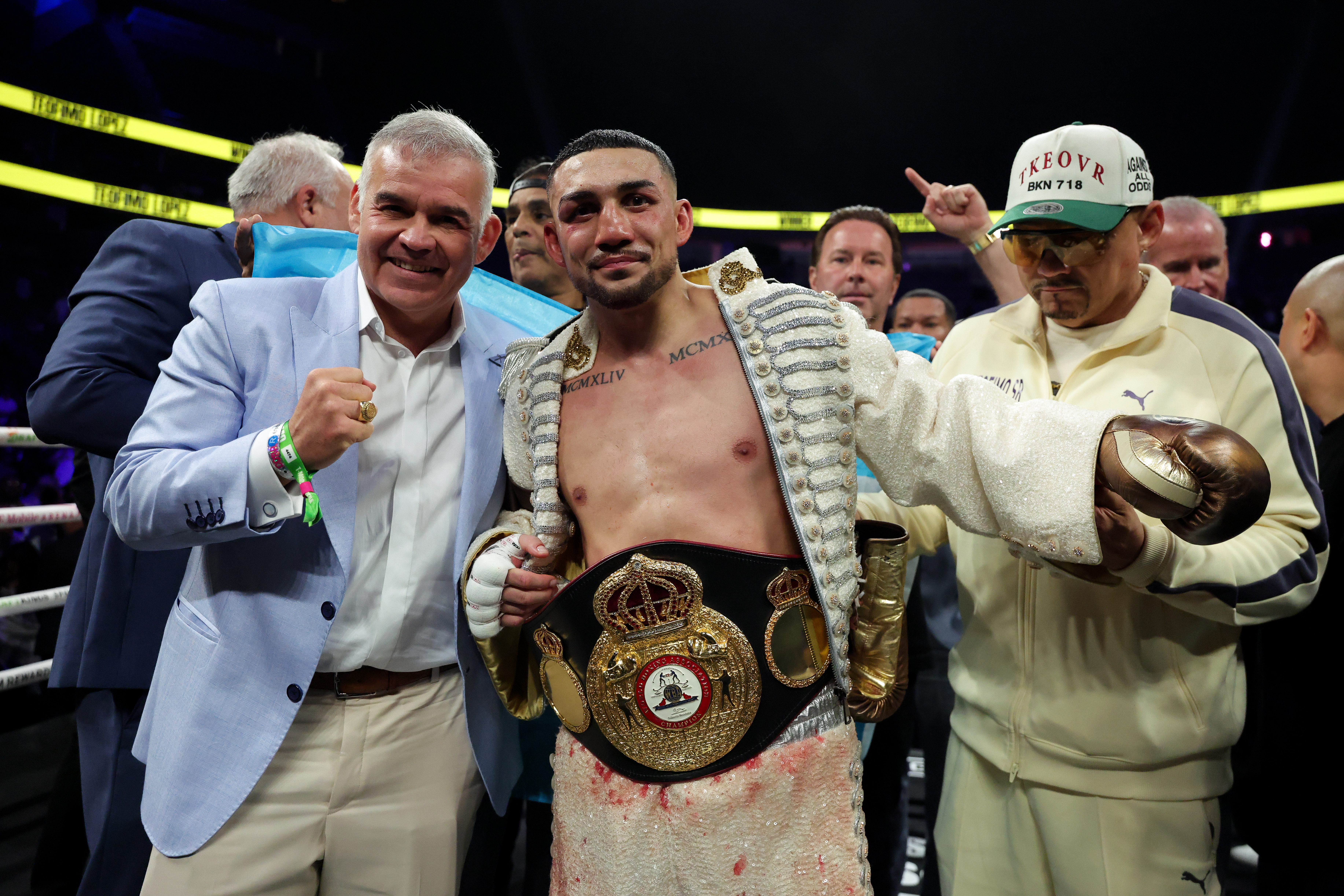 LAS VEGAS, NEVADA - AUGUST 22: Teofimo Lopez looks on after winning the WBA Welterweight World Championship title against Rolando Romero at T-Mobile Arena on August 22, 2026 in Las Vegas, Nevada. (Photo by Cris Esqueda/Getty Images)