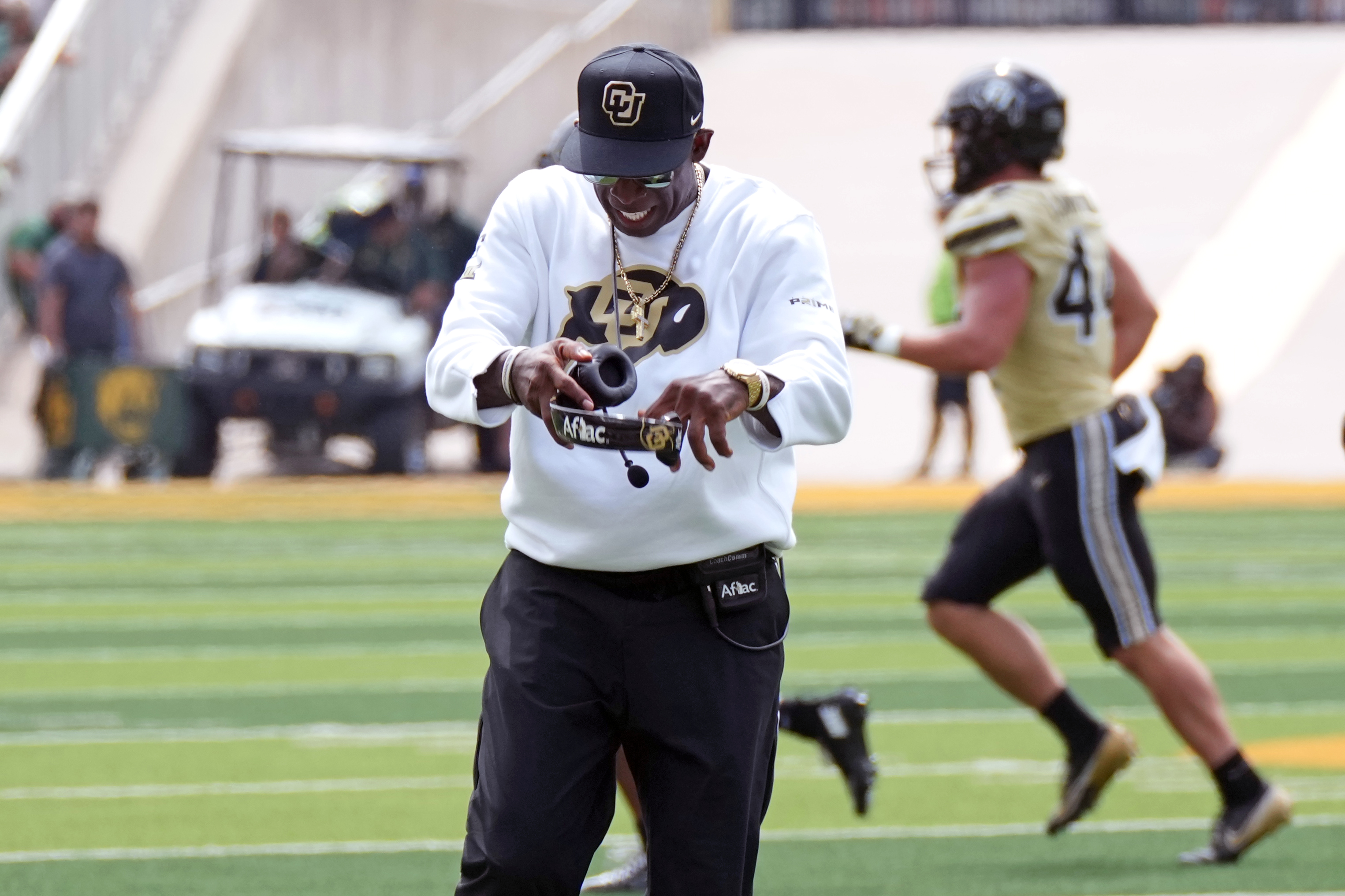 WACO, TEXAS - SEPTEMBER 26: Head Coach Deion Sanders of the Colorado Buffaloes reacts during the second half against the Baylor Bears at McLane Stadium on September 26, 2026 in Waco, Texas. (Photo by Scott Wachter/Getty Images)