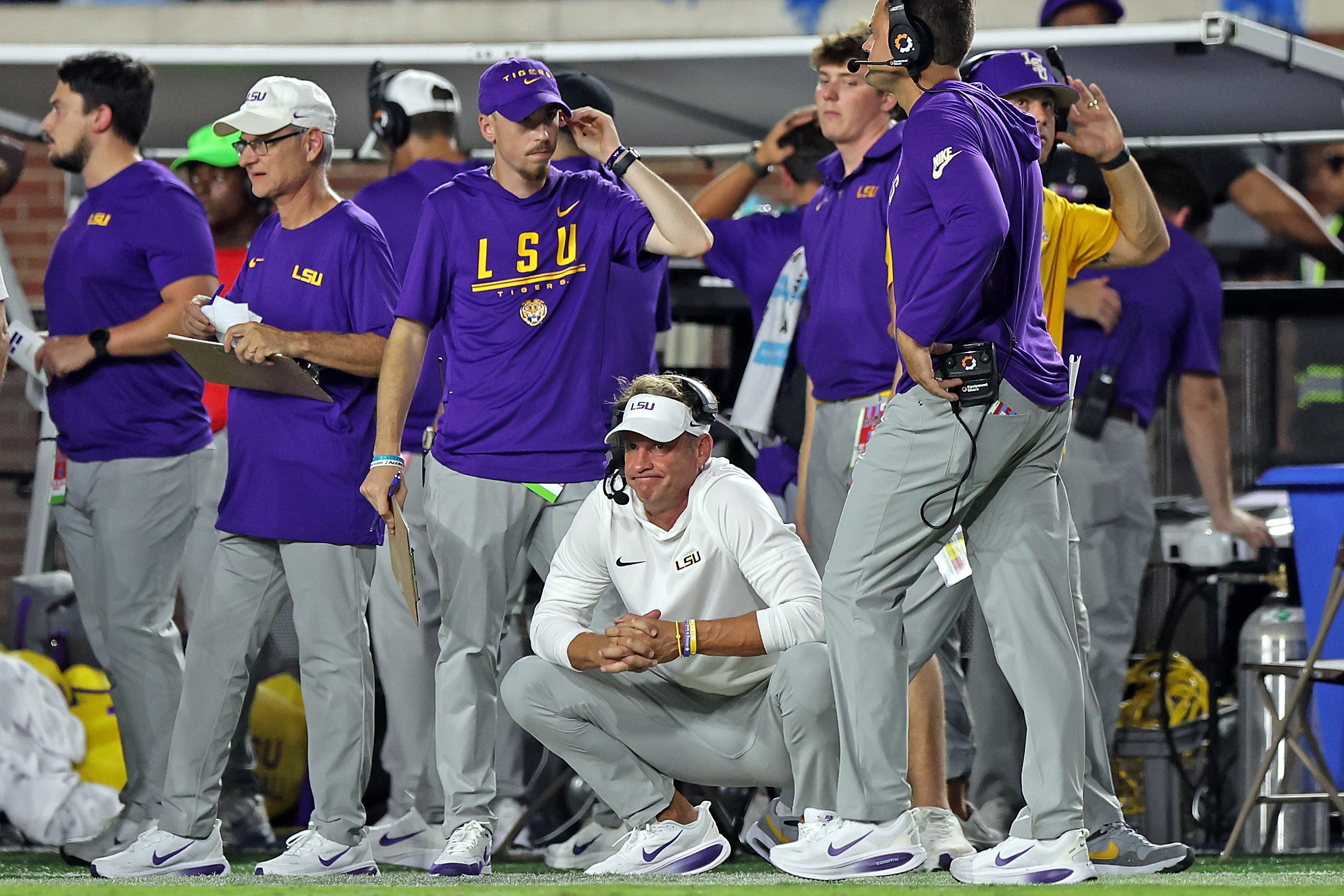 OXFORD, MISSISSIPPI - SEPTEMBER 19: Lane Kiffin of the Louisiana State Tigers reacts during the first half against the Mississippi Rebels at Vaught-Hemingway Stadium on September 19, 2026 in Oxford, Mississippi. (Photo by Justin Ford/Getty Images)