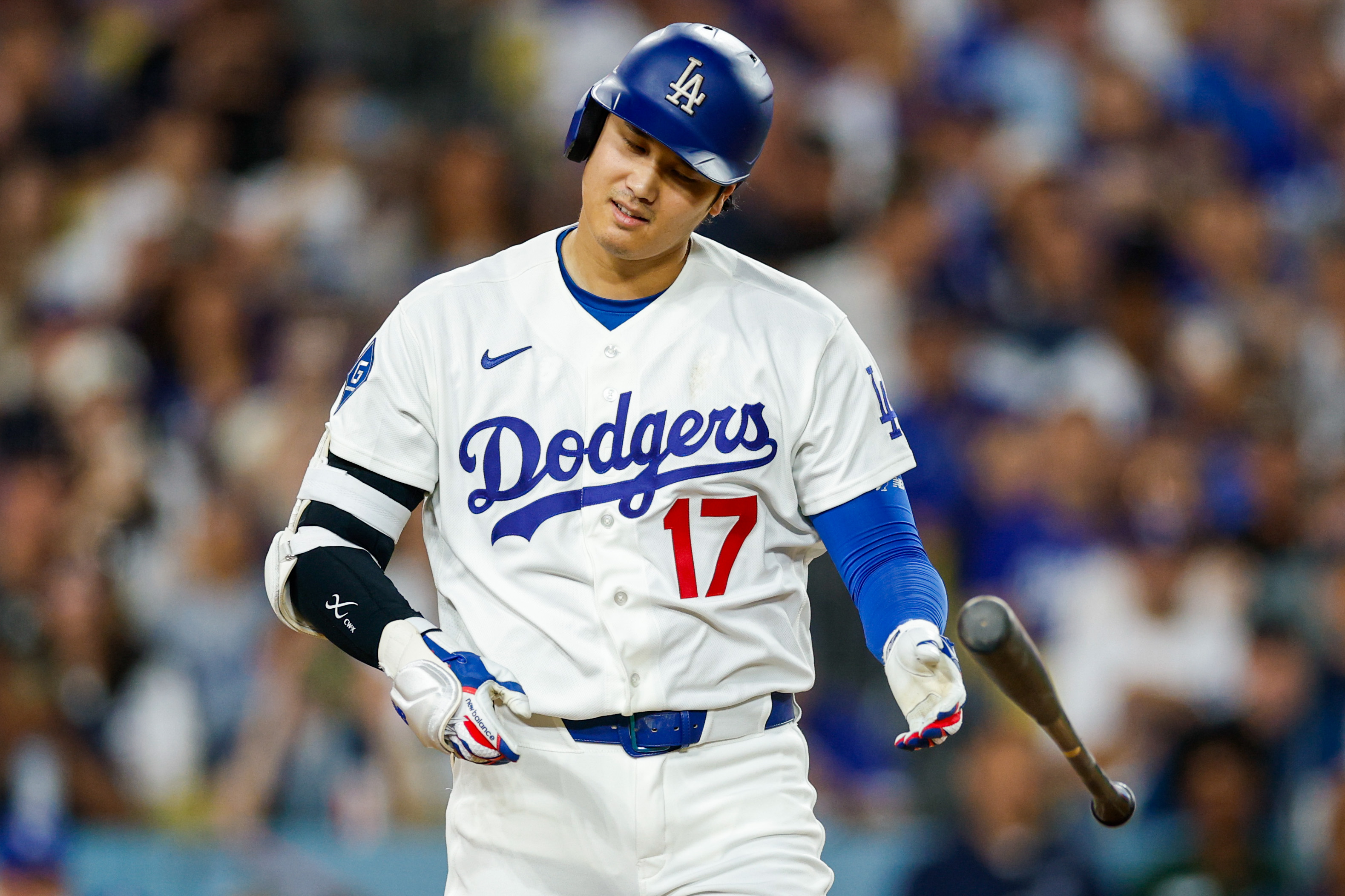 Los Angeles, CA - September 02: Los Angeles Dodgers two-way player Shohei Ohtani (17) reacts after getting hit by a pitch by St. Louis Cardinals pitcher Brycen Mautz (52) during second inning of an baseball game between the St. Louis Cardinals and Los Angeles Dodgers at  Dodger Stadium  on Wednesday, Sept. 2, 2026 in Los Angeles, CA. (Photo by Ronaldo Bolaños/Los Angeles Times via Getty Images)
