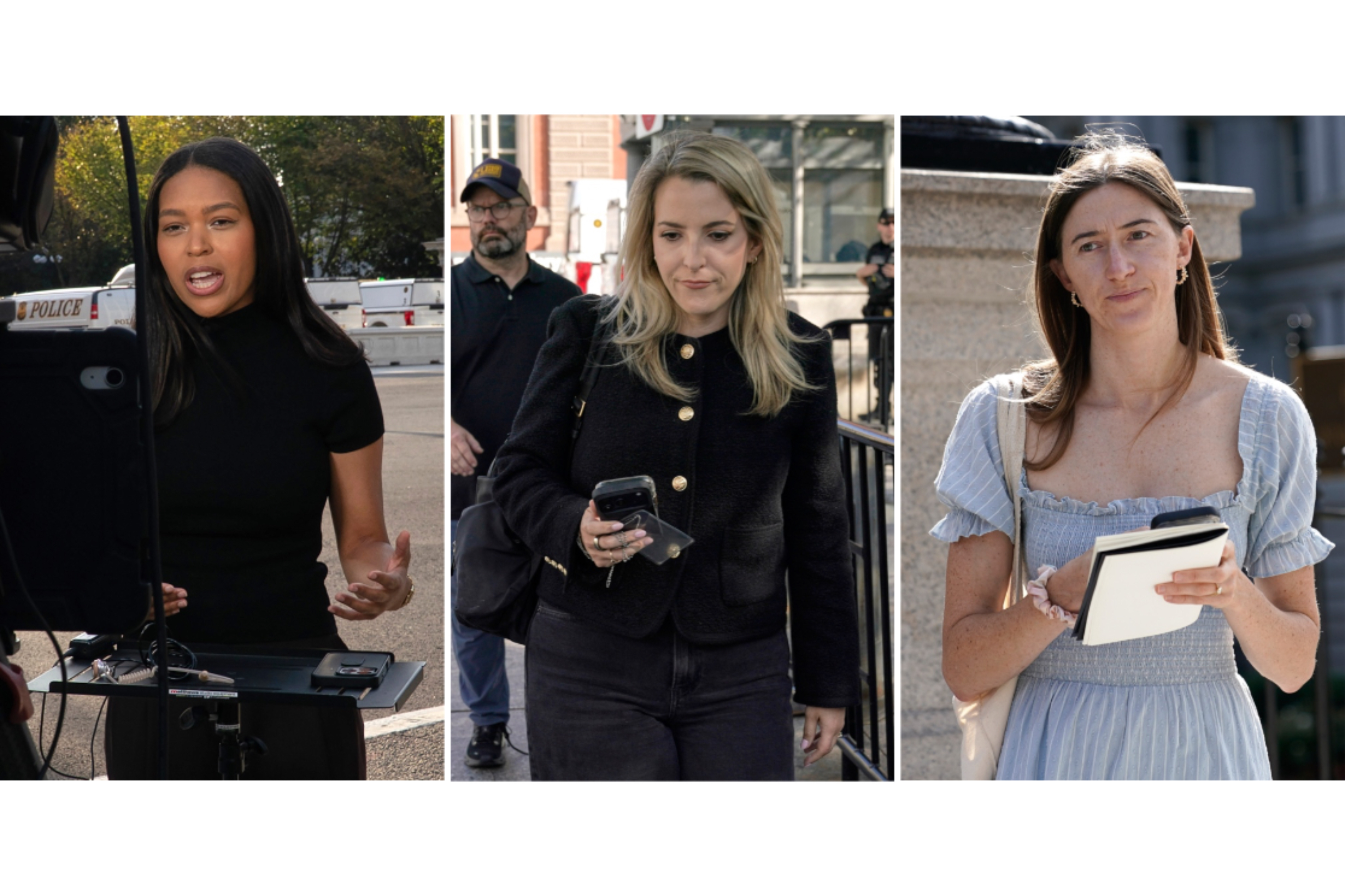 MS NOW's Akayla Gardner,  CNN's Betsy Klein and Politico's Cheyenne Haslett are seen near the White House after all were denied entry on Sept. 19.