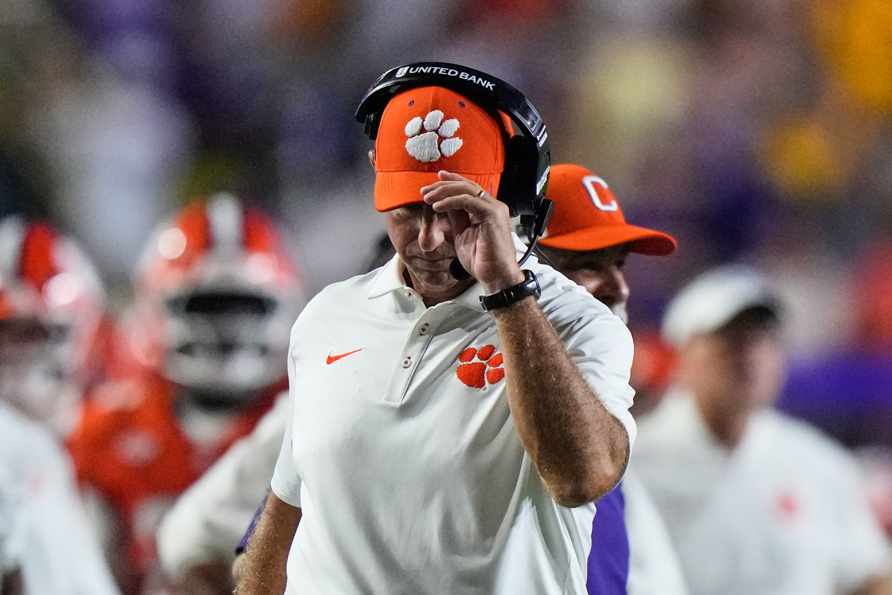 Clemson head coach Dabo Swinney reacts after an LSU touchdown in the second half of an NCAA college football game, Saturday, Sept. 5, 2026 in Baton Rouge, La. (AP Photo/Gerald Herbert)