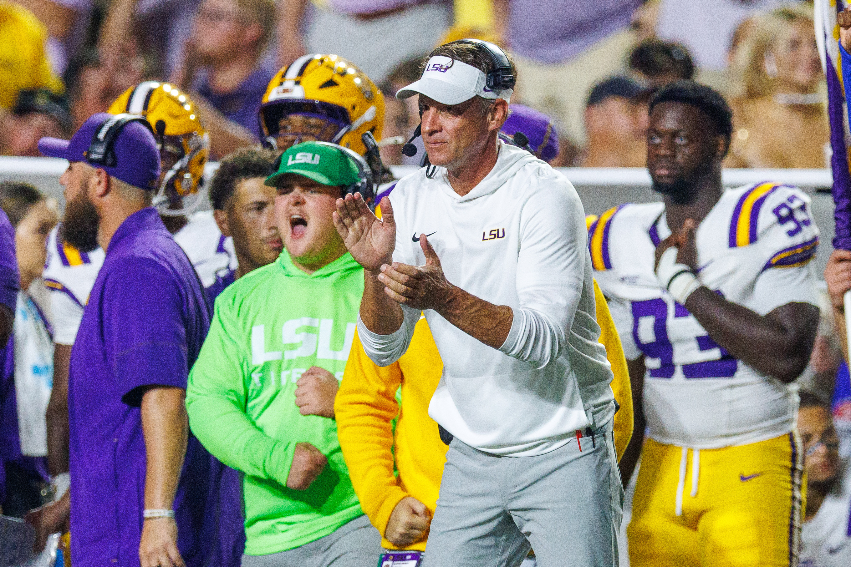 Sep 5, 2026; Baton Rouge, Louisiana, USA;  LSU Tigers head coach Lane Kiffin reacts to a play against Clemson Tigers during the second half at Tiger Stadium.  Mandatory Credit: Stephen Lew-Imagn Images
