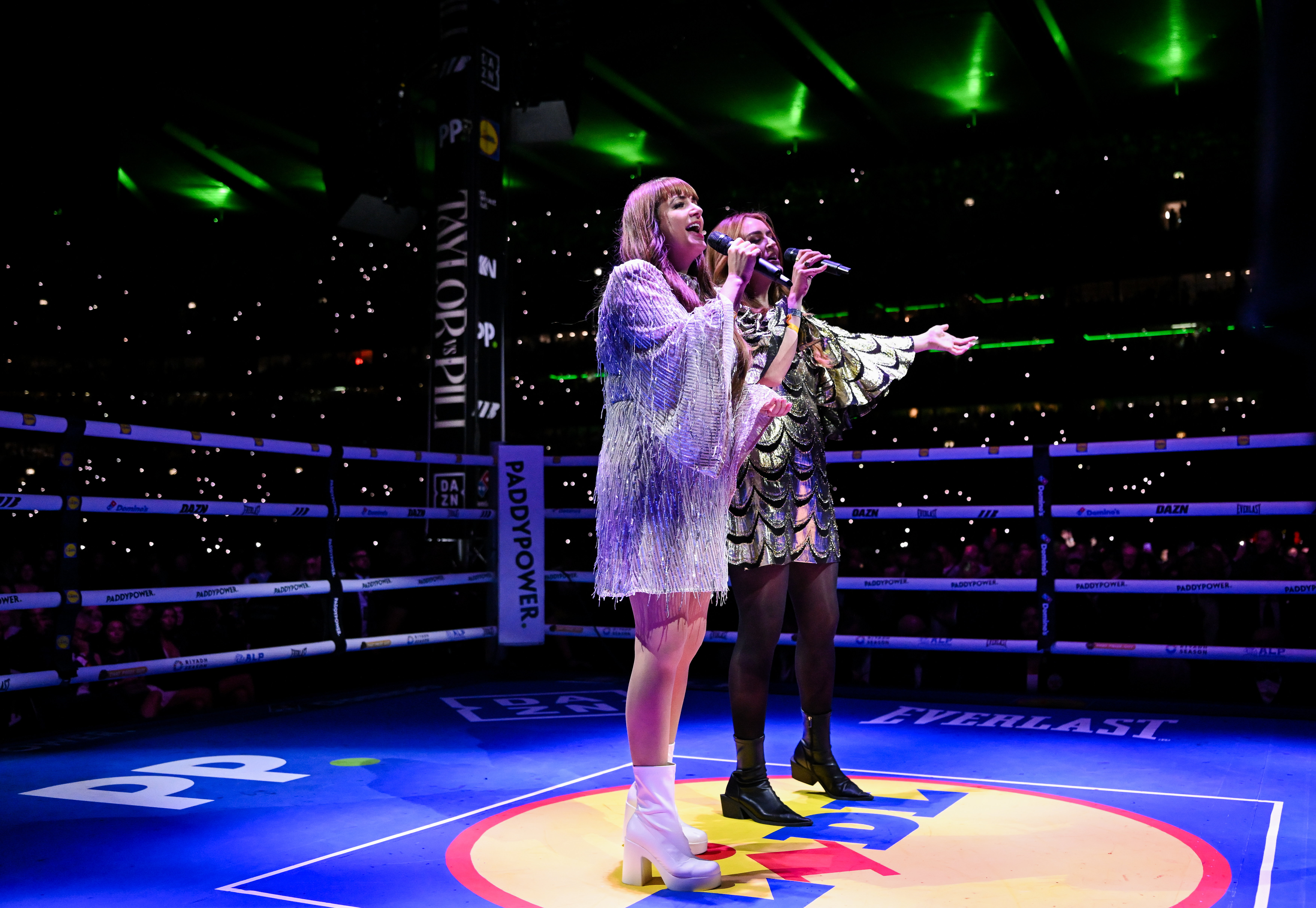 Dublin , Ireland - 5 September 2026; Aoife Scott, left, and Róisín O perform Amhrán na bhFiann before Katie Taylor's ringwalk for her undisputed super lightweight championship fight with Flora Pili at the Once Upon A Time fight night in Croke Park, Dublin. (Photo By Stephen McCarthy/Sportsfile via Getty Images)