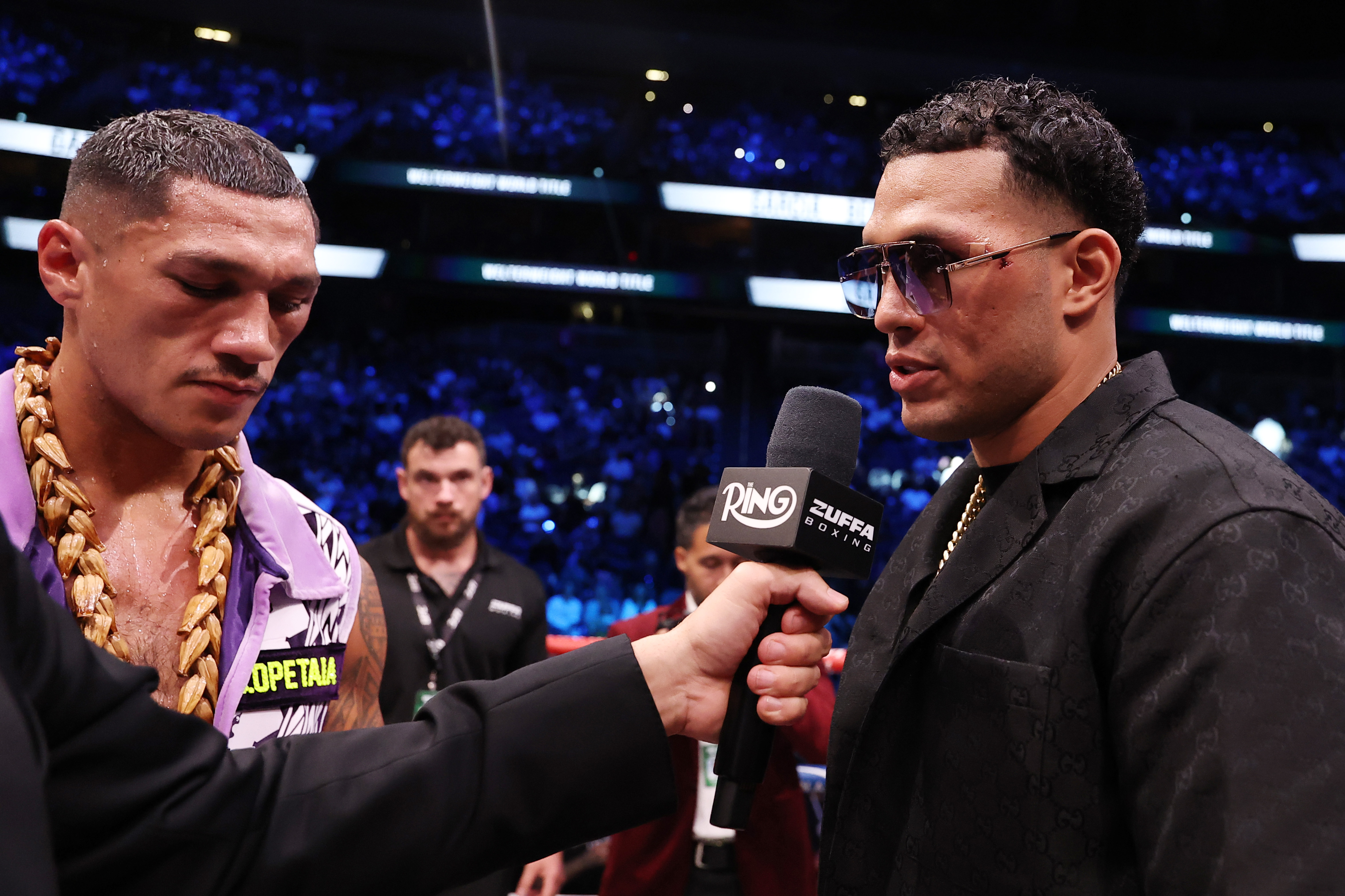 LAS VEGAS, NEVADA - SEPTEMBER 12:  David Benavidez is interviewed during the Zuffa Boxing event at T-Mobile Arena on September 12, 2026 in Las Vegas, Nevada. (Photo by Ed Mulholland/Zuffa Boxing via Getty Images)