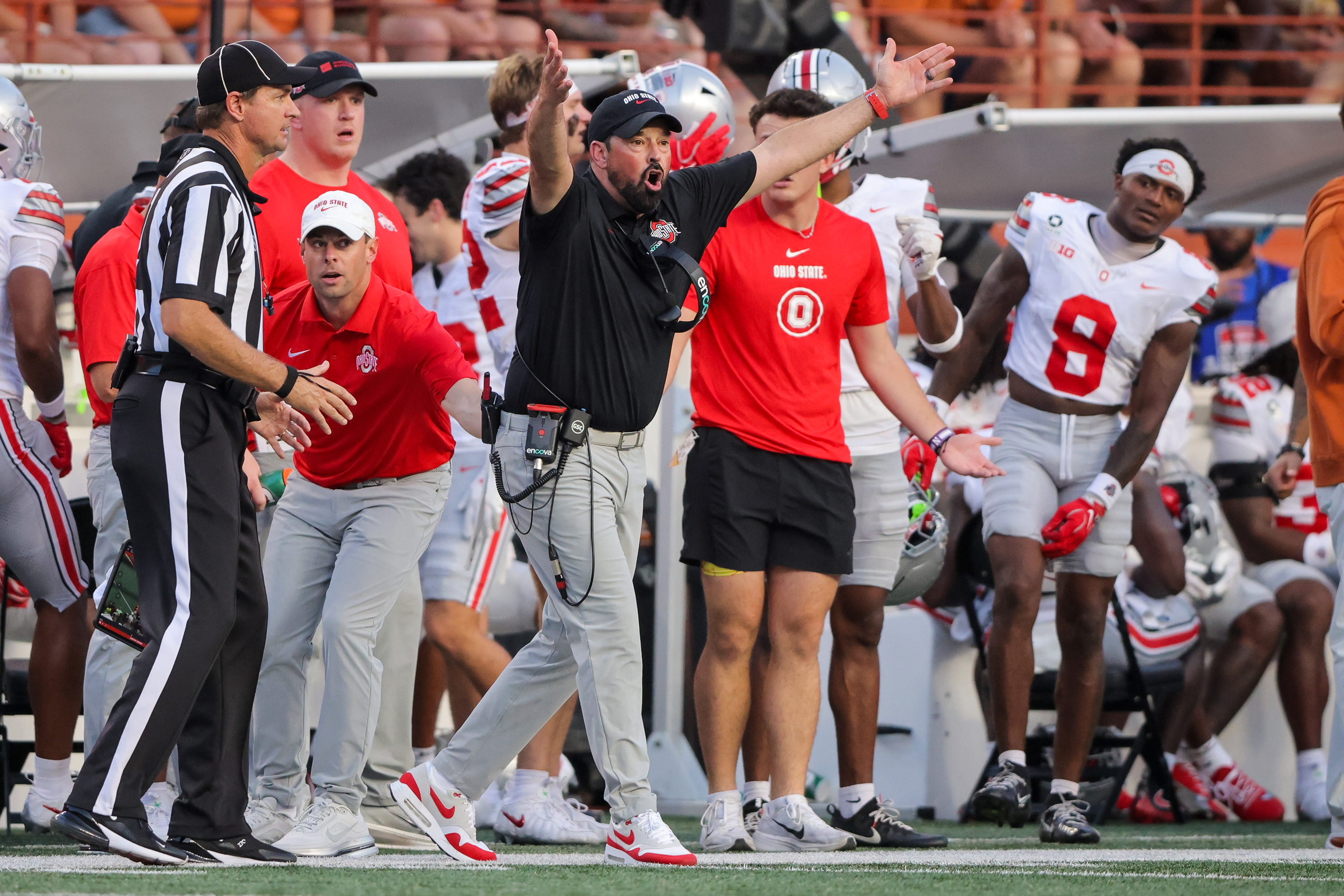 Ohio State coach Ryan Day yells during the Buckeyes' loss to Texas on Saturday. (AP Photo/Stephen Spillman)