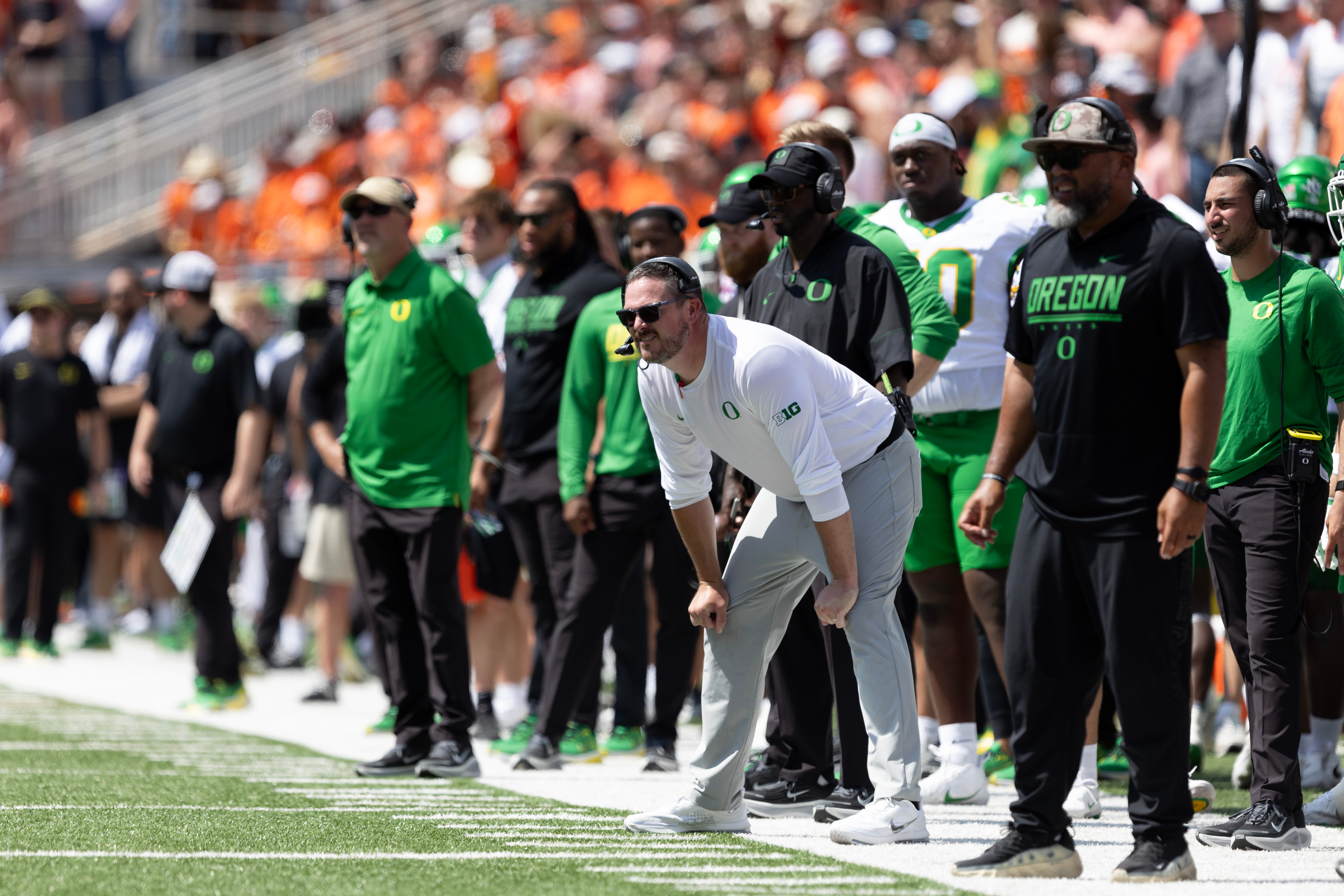 Oregon head coach Dan Lanning stands on the sidelines during the NCAA college football game against Oklahoma State in Stillwater, Okla., Saturday, Sept. 12, 2026. (AP Photo/Mitch Alcala)