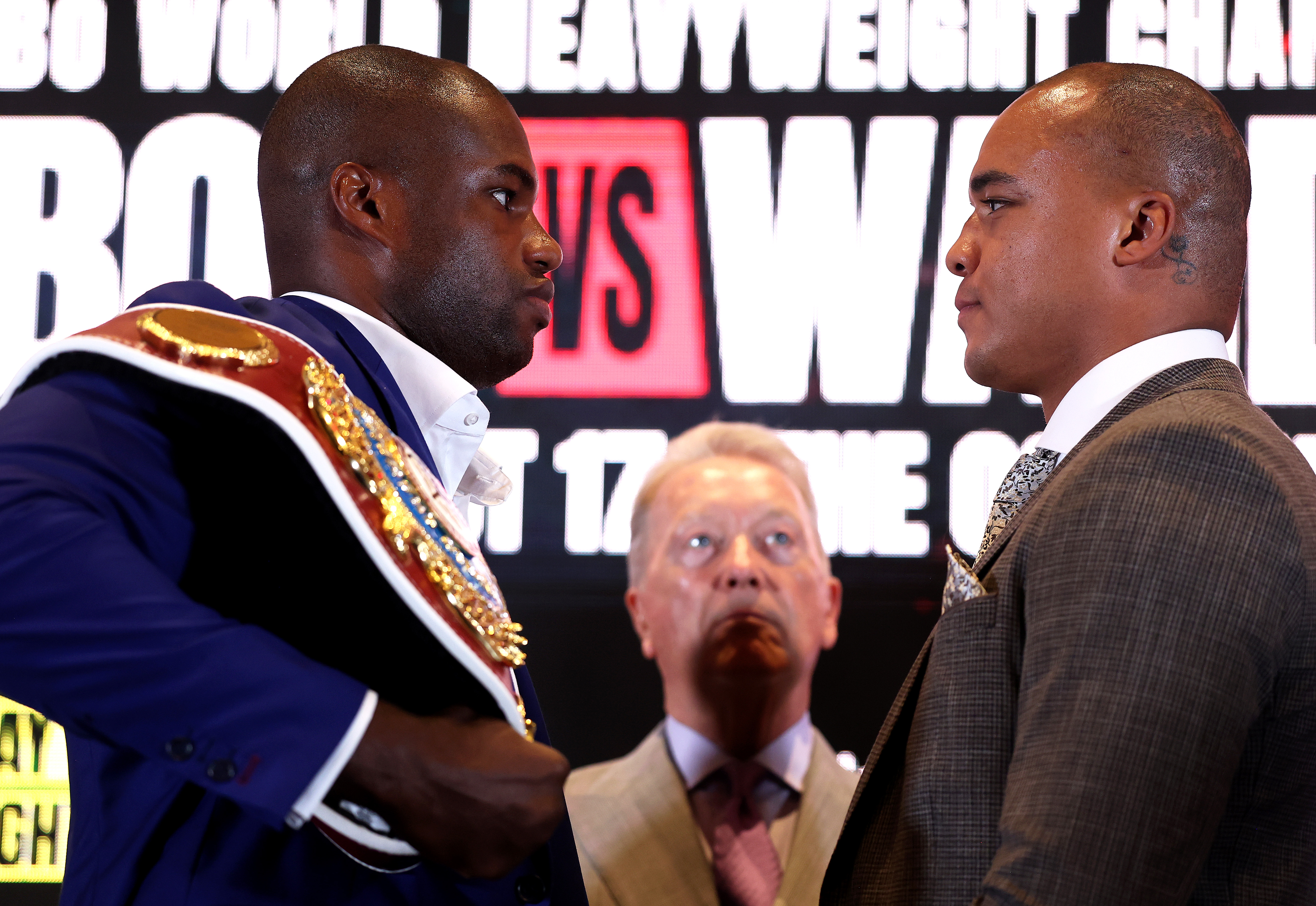 LONDON, ENGLAND - SEPTEMBER 02: Daniel Dubois and Fabio Wardley face off during the Run It Back: Daniel Dubois v Fabio Wardley II Press Conference ahead of their WBO World Heavyweight Title fight at Glaziers Hall on September 02, 2026 in London, England. (Photo by Richard Pelham/Getty Images)