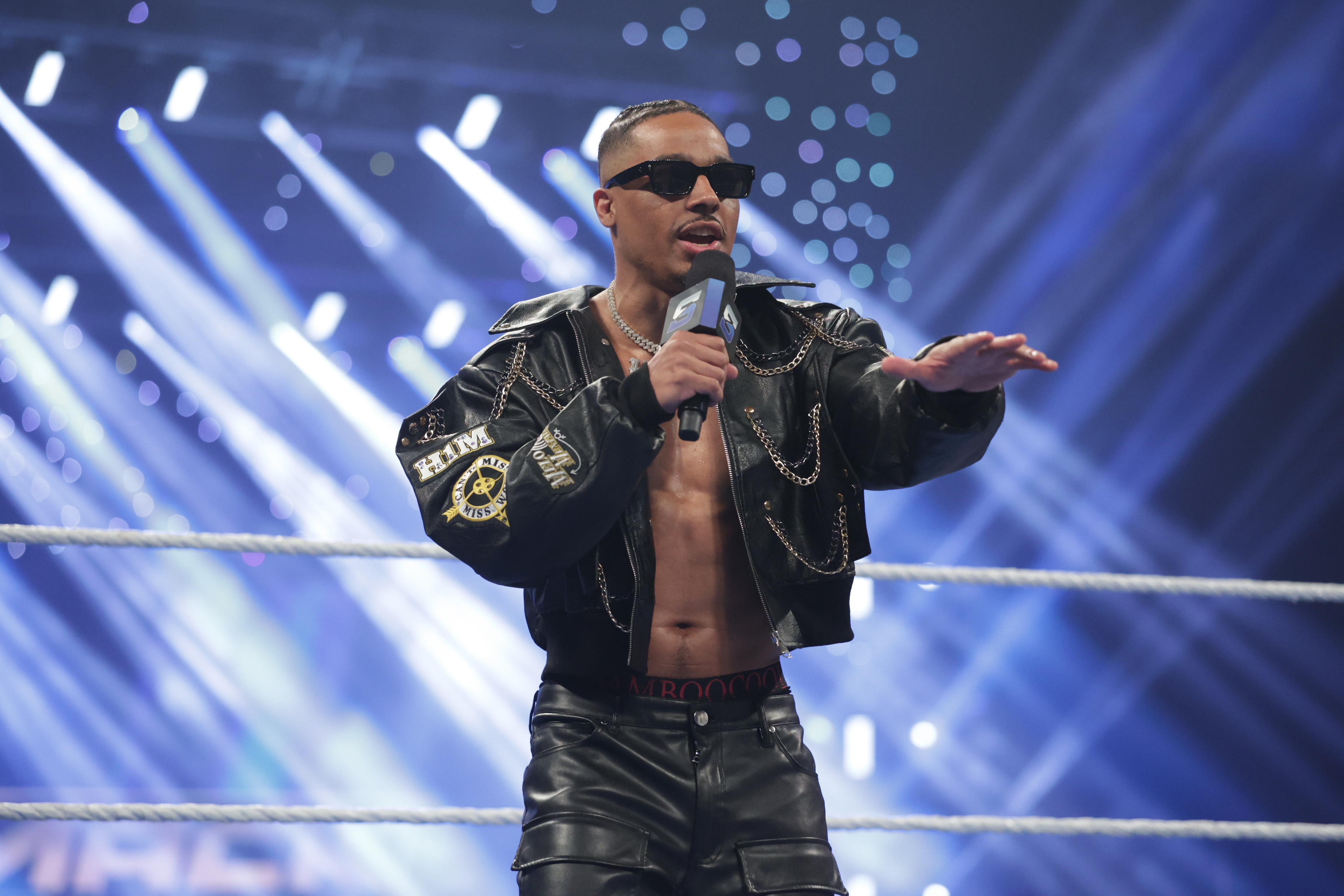 PROVIDENCE, RHODE ISLAND - JUNE 12: Carmelo Hayes addresses the crowd during SmackDown at Amica Mutual Pavillion on June 12, 2026 in Providence, Rhode Island. (Photo by Brien Adams/WWE via Getty Images)