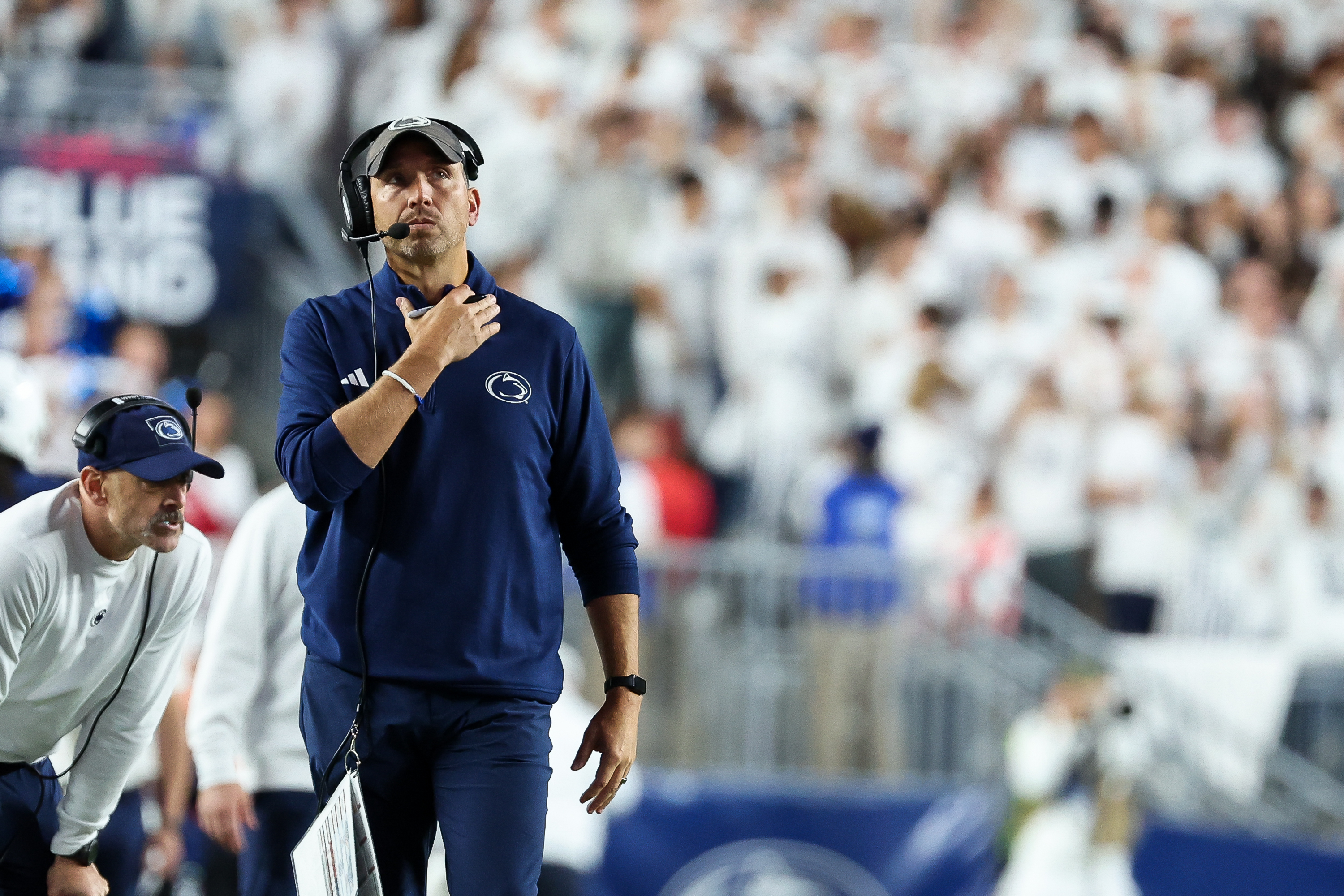 STATE COLLEGE, PENNSYLVANIA - OCTOBER 10: Head coach Matt Campbell of the Penn State Nittany Lions gestures on the sideline during the game against the USC Trojans at Beaver Stadium on October 10, 2026 in State College, Pennsylvania. (Photo by Isaiah Vazquez/Getty Images)