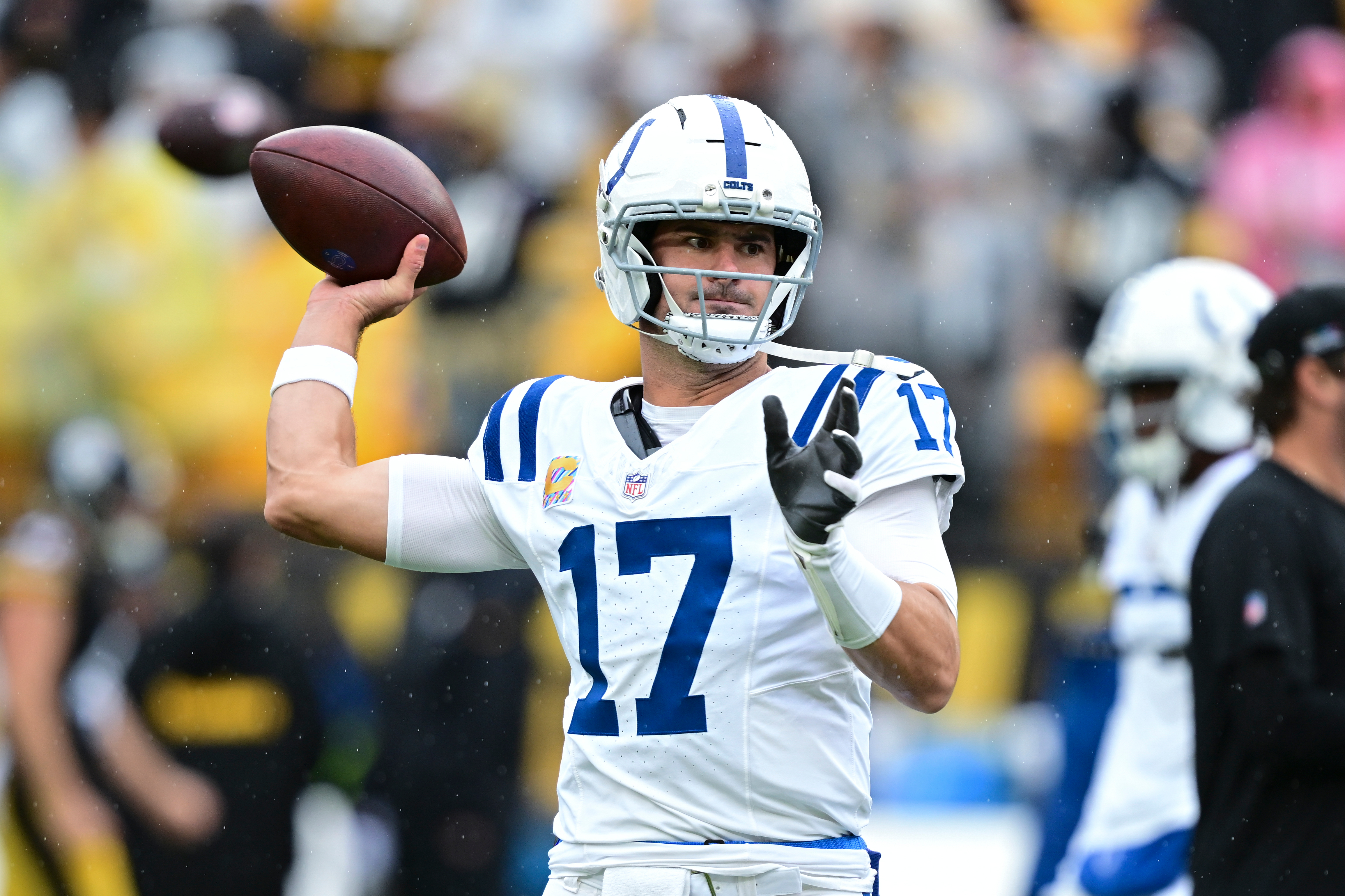 Indianapolis Colts quarterback Daniel Jones (17) throws before an NFL football game against the Pittsburgh Steelers in Pittsburgh, Sunday, Oct. 11, 2026. (AP Photo/David Dermer )