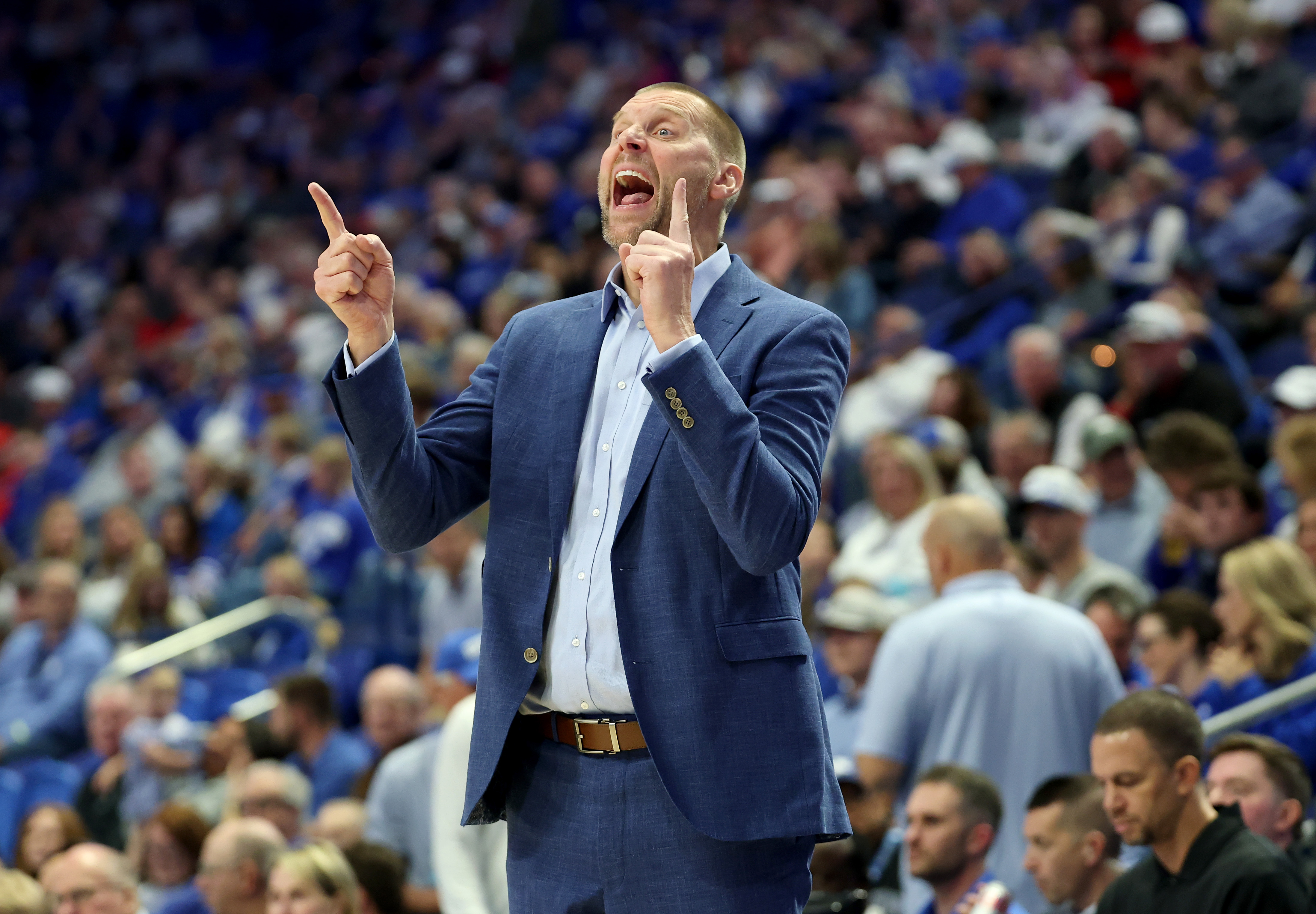 LEXINGTON, KENTUCKY - OCTOBER 23: Mark Pope the head coach of the Kentucky Wildcats gives instructions to his team against the Texas Tech Red Raiders during the exhibition at Rupp Arena on October 23, 2026 in Lexington, Kentucky. (Photo by Andy Lyons/Getty Images)