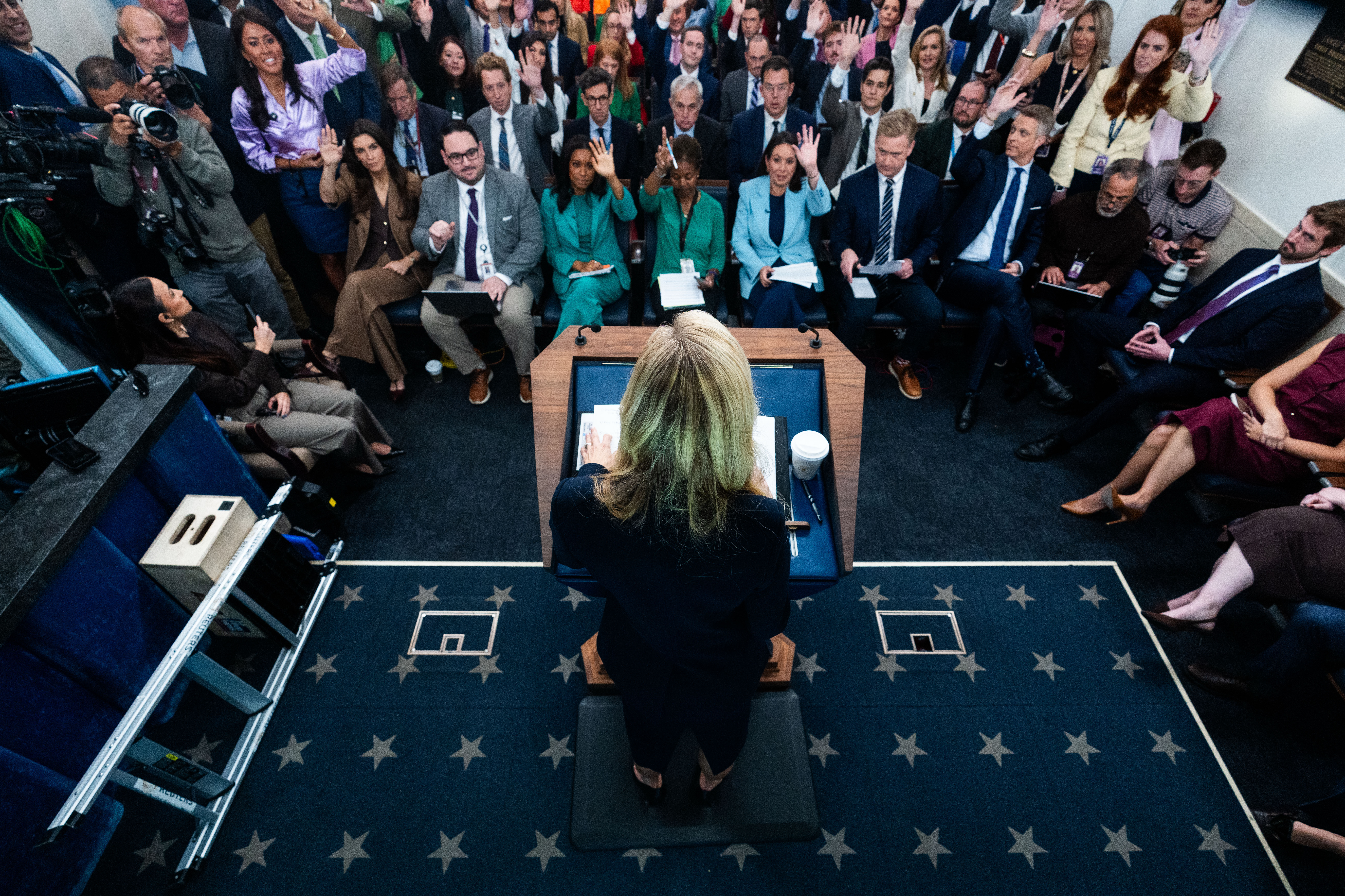 White House press secretary Katie Zacharia speaks with reporters in the  Briefing Room on Oct. 13.