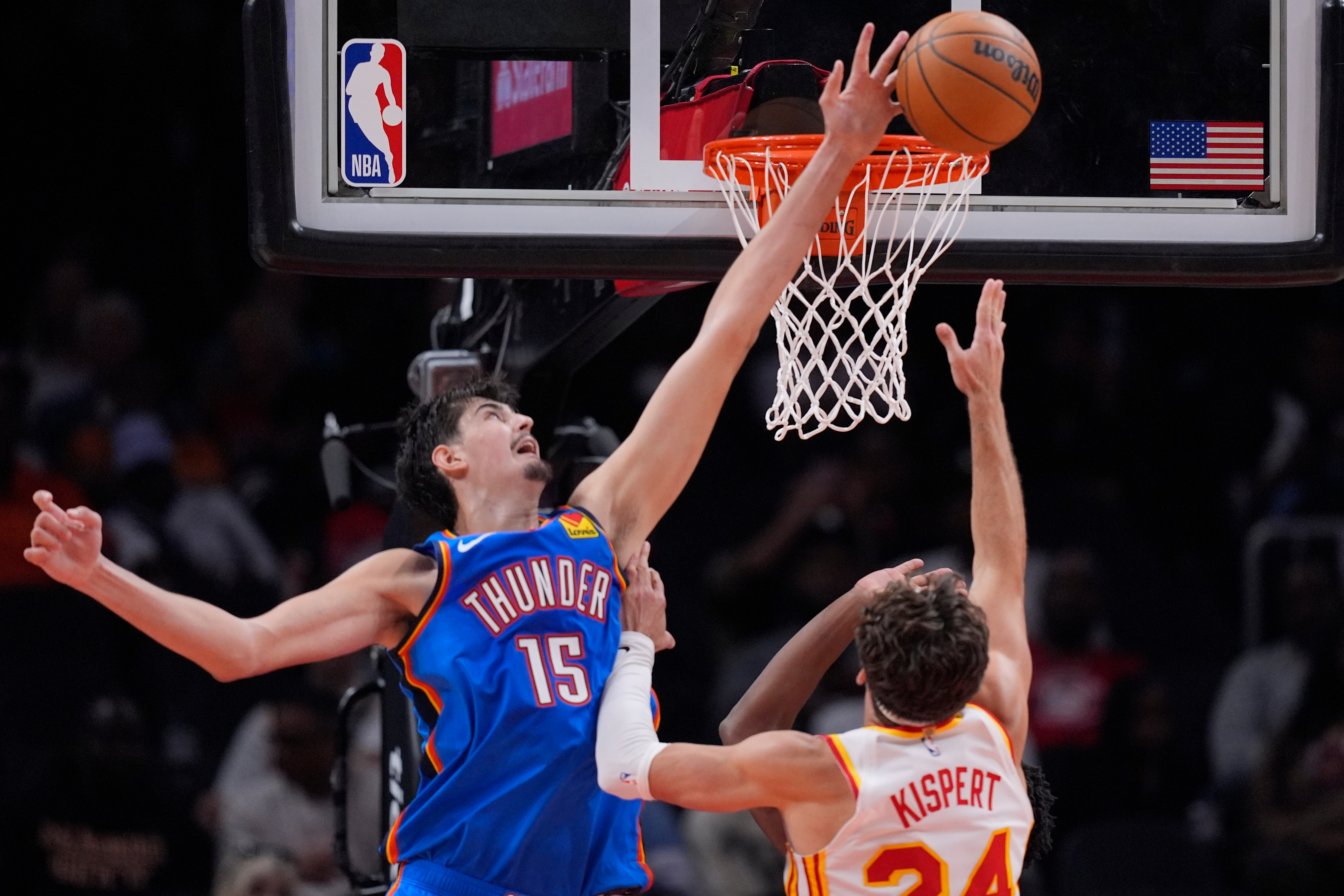 Oklahoma City Thunder rookie center Aday Mara protects the rim during a preseason game against the Atlanta Hawks. (AP/Mike Stewart)