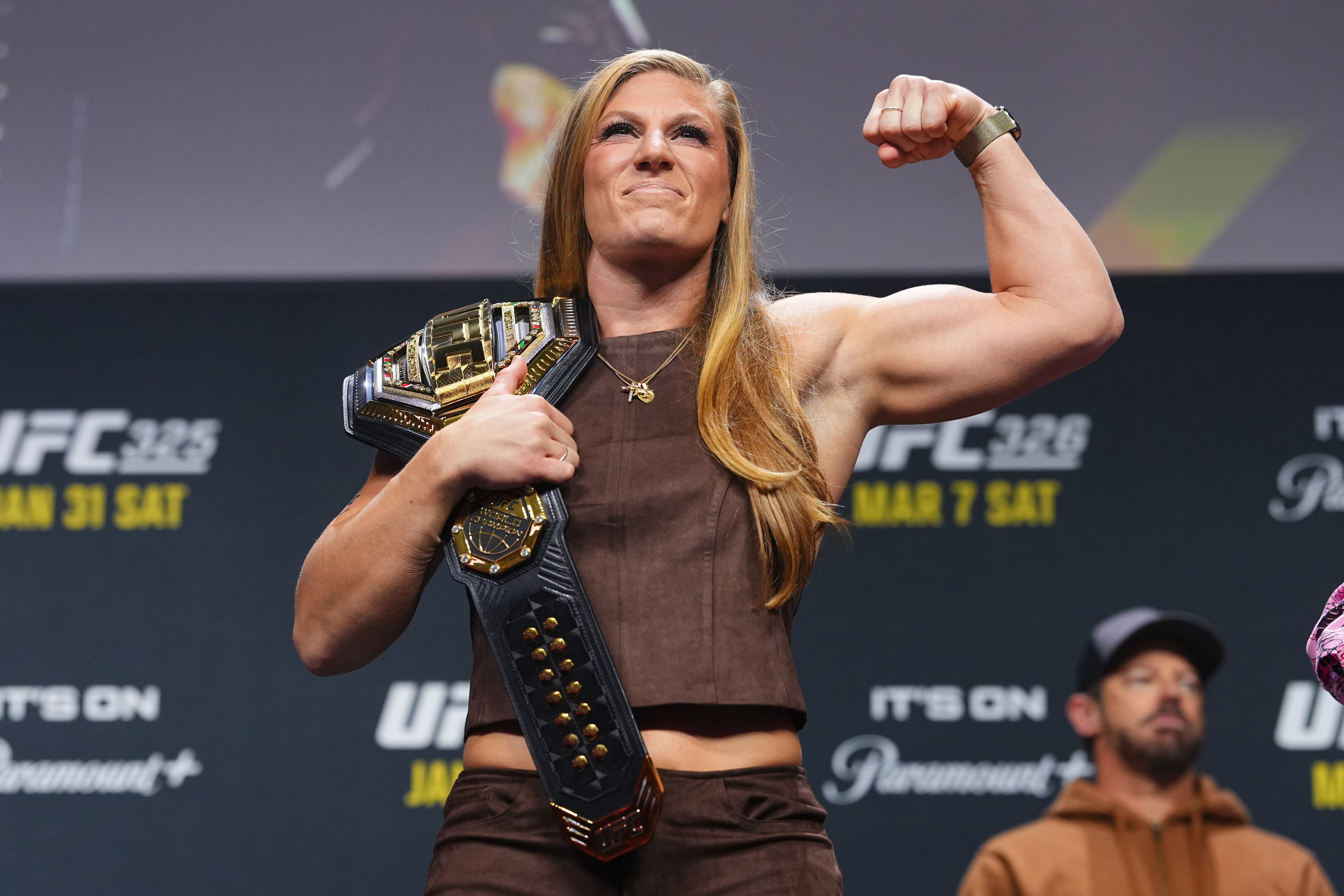 LAS VEGAS, NEVADA - DECEMBER 05: Kayla Harrison is seen on stage during the UFC It's On Seasonal Press Conference at T-Mobile Arena on December 05, 2025 in Las Vegas, Nevada. (Photo by Chris Unger/Zuffa LLC)