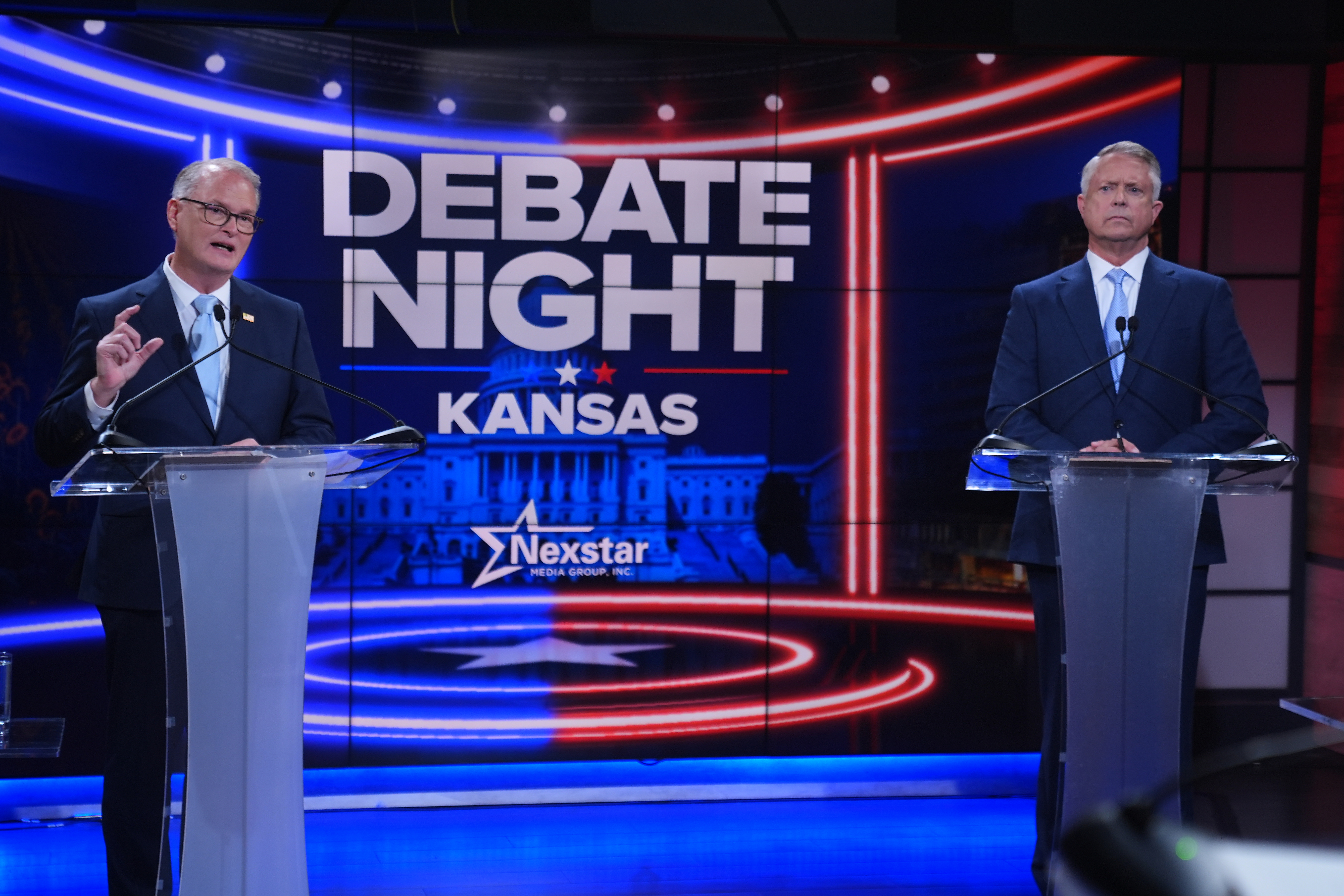 Hamilton, left, and Republican Sen. Roger Marshall participate in a debate at WDAF TV in Kansas City, Mo. on Oct. 21, 2026.