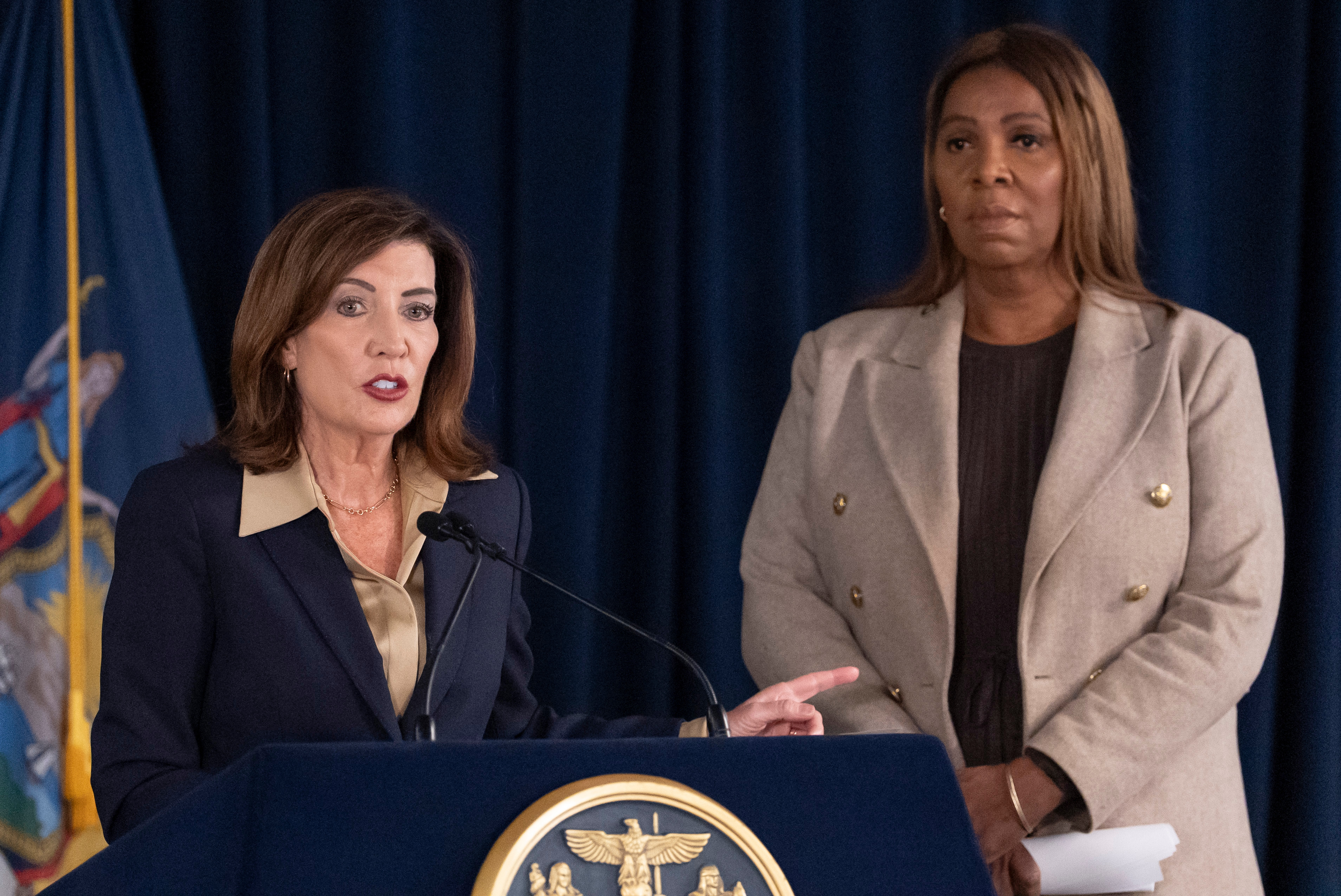 New York Governor Kathy Hochul speaks during a news conference with New York Attorney General Letitia James in New York on Friday.