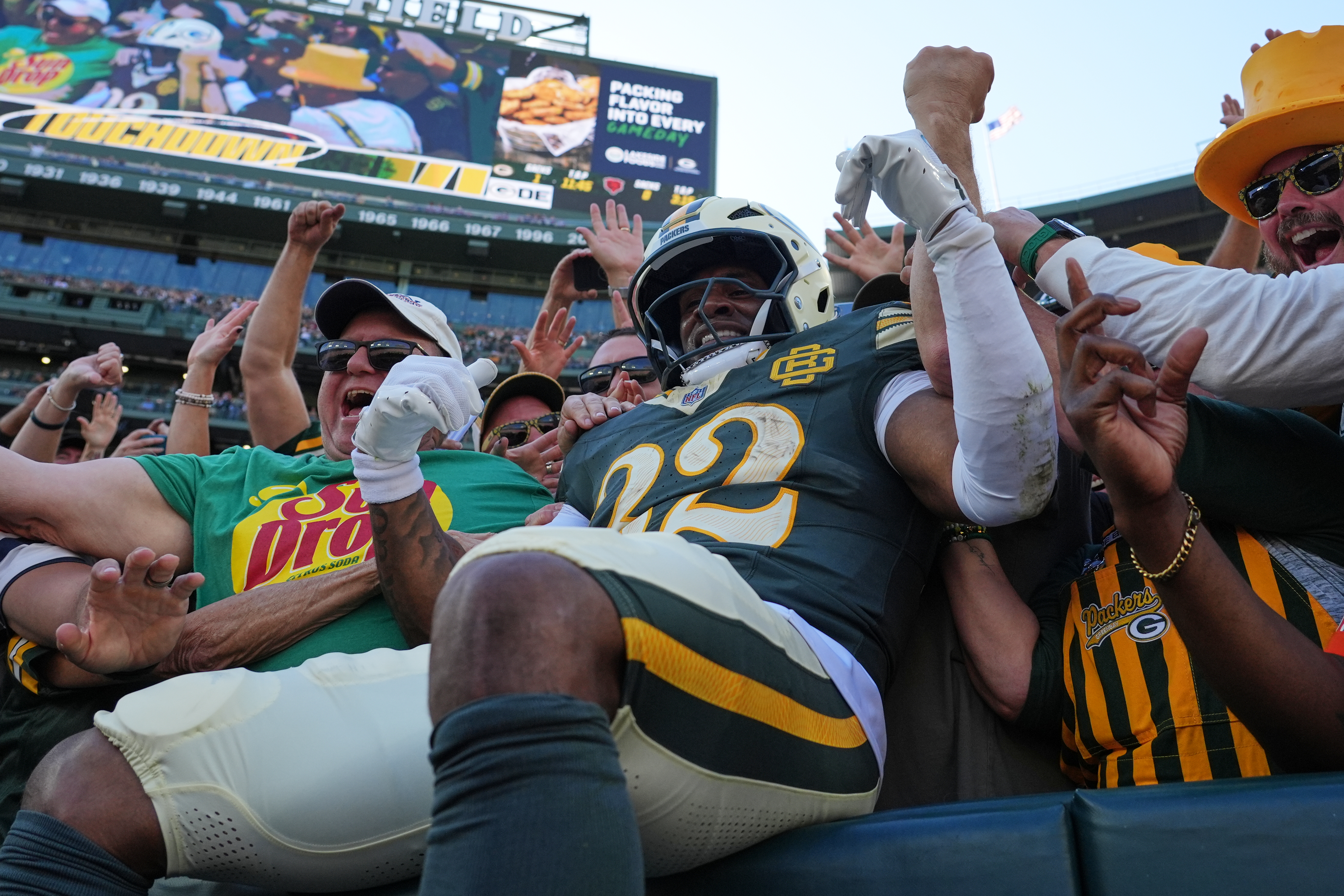 Green Bay Packers' MarShawn Lloyd celebrates a touchdown with the fans at Lambeau Field last week. (AP Photo/Nam Huh)