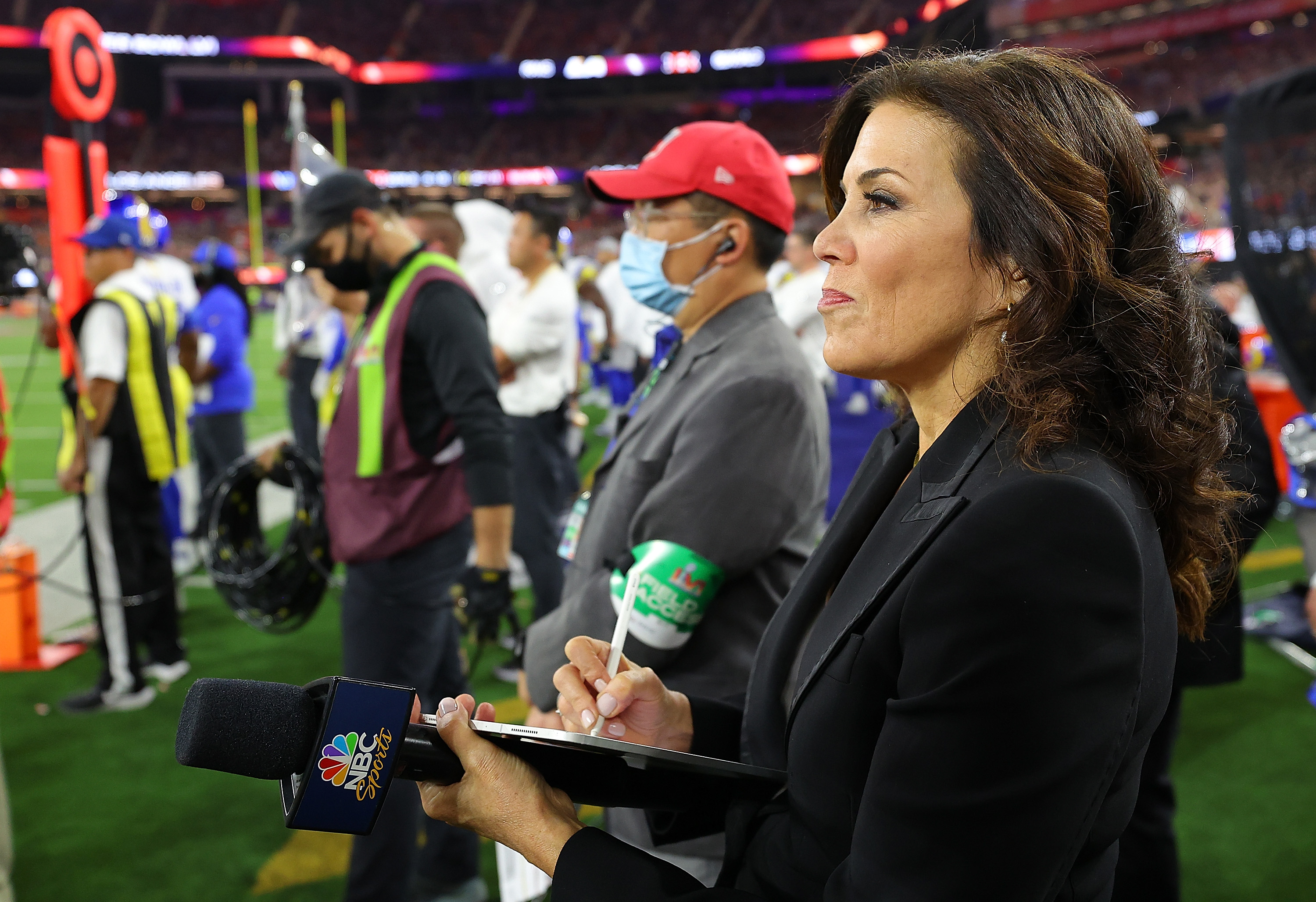 INGLEWOOD, CALIFORNIA - FEBRUARY 13: Commentator Michele Tafoya looks on during Super Bowl LVI between the Los Angeles Rams and the Cincinnati Bengals at SoFi Stadium on February 13, 2022 in Inglewood, California. (Photo by Kevin C. Cox/Getty Images)