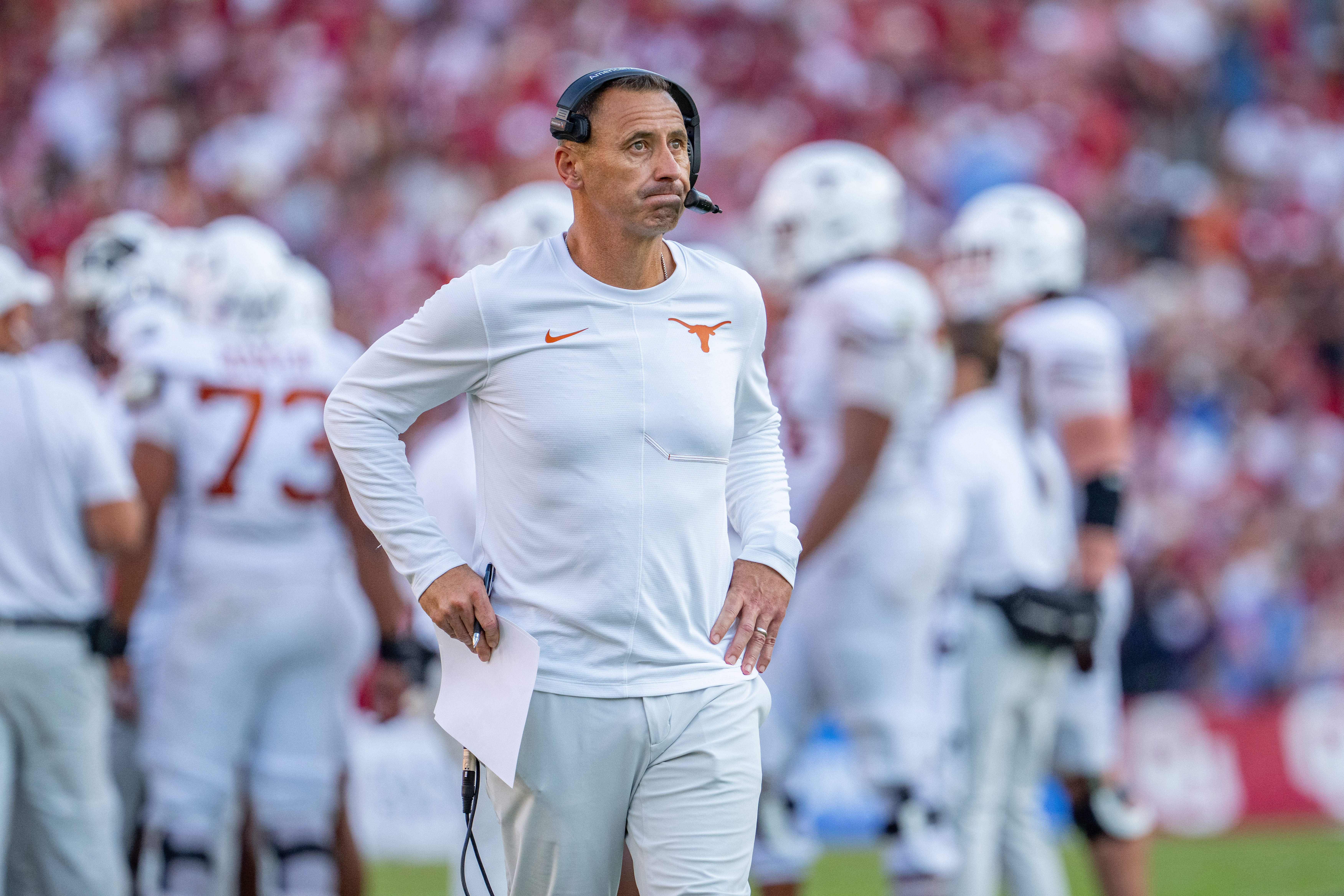 Texas head coach Steve Sarkisian stands on the field during the second half of an NCAA college football game against Oklahoma, Saturday, Oct. 10, 2026, in Dallas. Oklahoma won 27-24. (AP Photo/Jeffrey McWhorter)