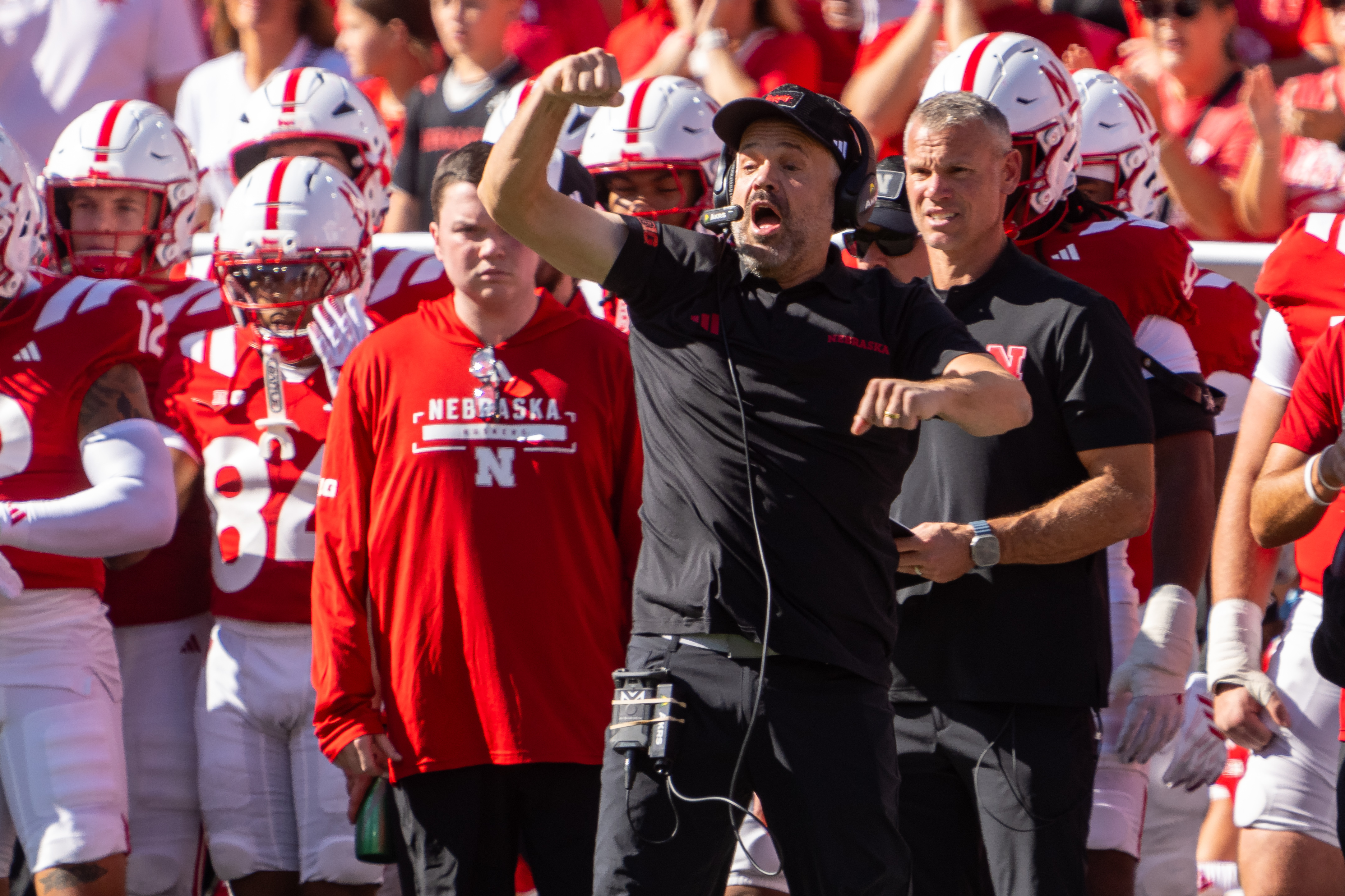Oct 10, 2026; Lincoln, Nebraska, USA; Nebraska Cornhuskers head coach Matt Rhule signals from the sideline against the Indiana Hoosiers during the first quarter at Memorial Stadium. Mandatory Credit: Dylan Widger-Imagn Images