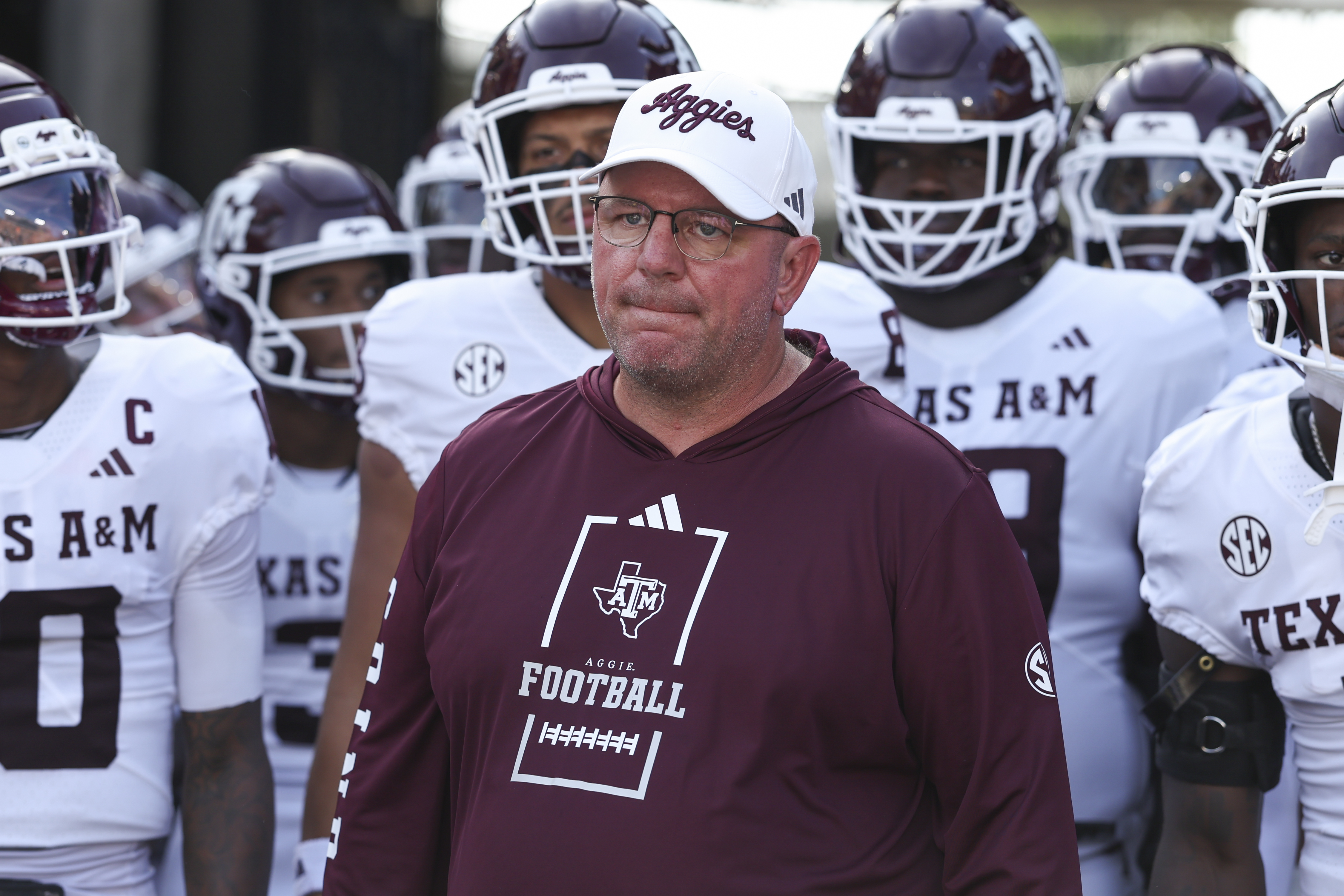 COLUMBIA, MO - OCTOBER 10: Mike Elko of the Texas A&M Aggies prepare to lead his team onto the field before an SEC football game between the Texas A&M Aggies and Missouri Tigers on Oct 10, 2026 at Memorial Stadium in Columbia, MO. (Photo by Scott Winters/Icon Sportswire via Getty Images)