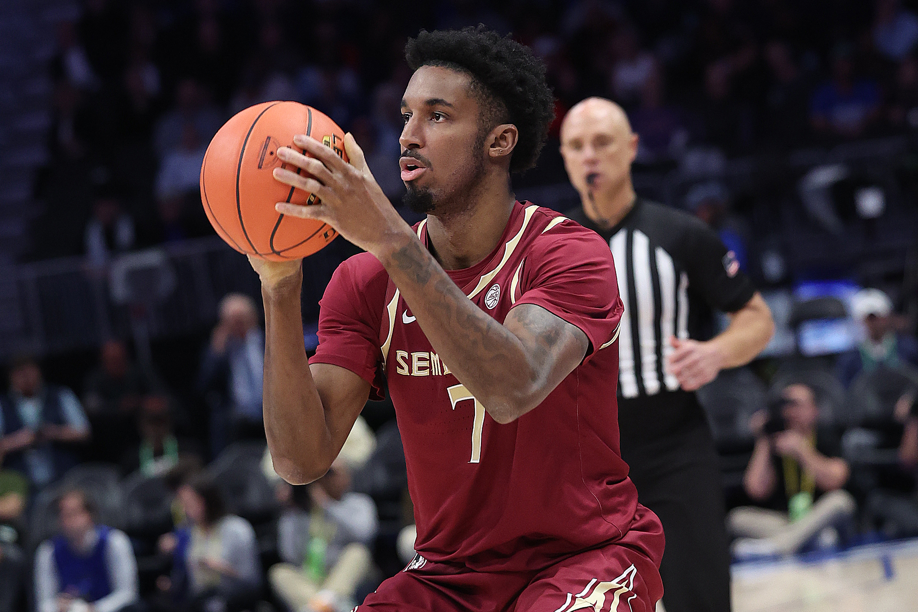 CHARLOTTE, NC - MARCH 12: Florida State Seminoles forward Chauncey Wiggins (7) during the ACC Men's basketball tournament between the Florida State Seminoles and the Duke Blue Devils  on March 12, 2026 at the Spectrum Center in Charlotte, N.C.  (Photo by John Byrum/Icon Sportswire via Getty Images)