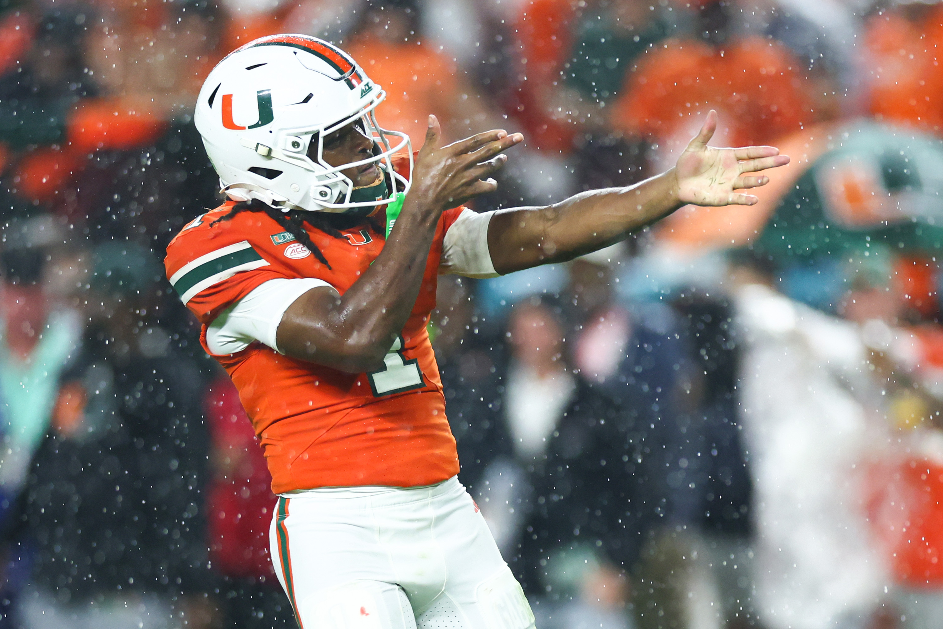 MIAMI GARDENS, FLORIDA - OCTOBER 17: Malachi Toney #1 of the Miami Hurricanes celebrates a reception against the Florida State Seminoles during the first quarter of the game at Hard Rock Stadium on October 17, 2026 in Miami Gardens, Florida. (Photo by Megan Briggs/Getty Images)