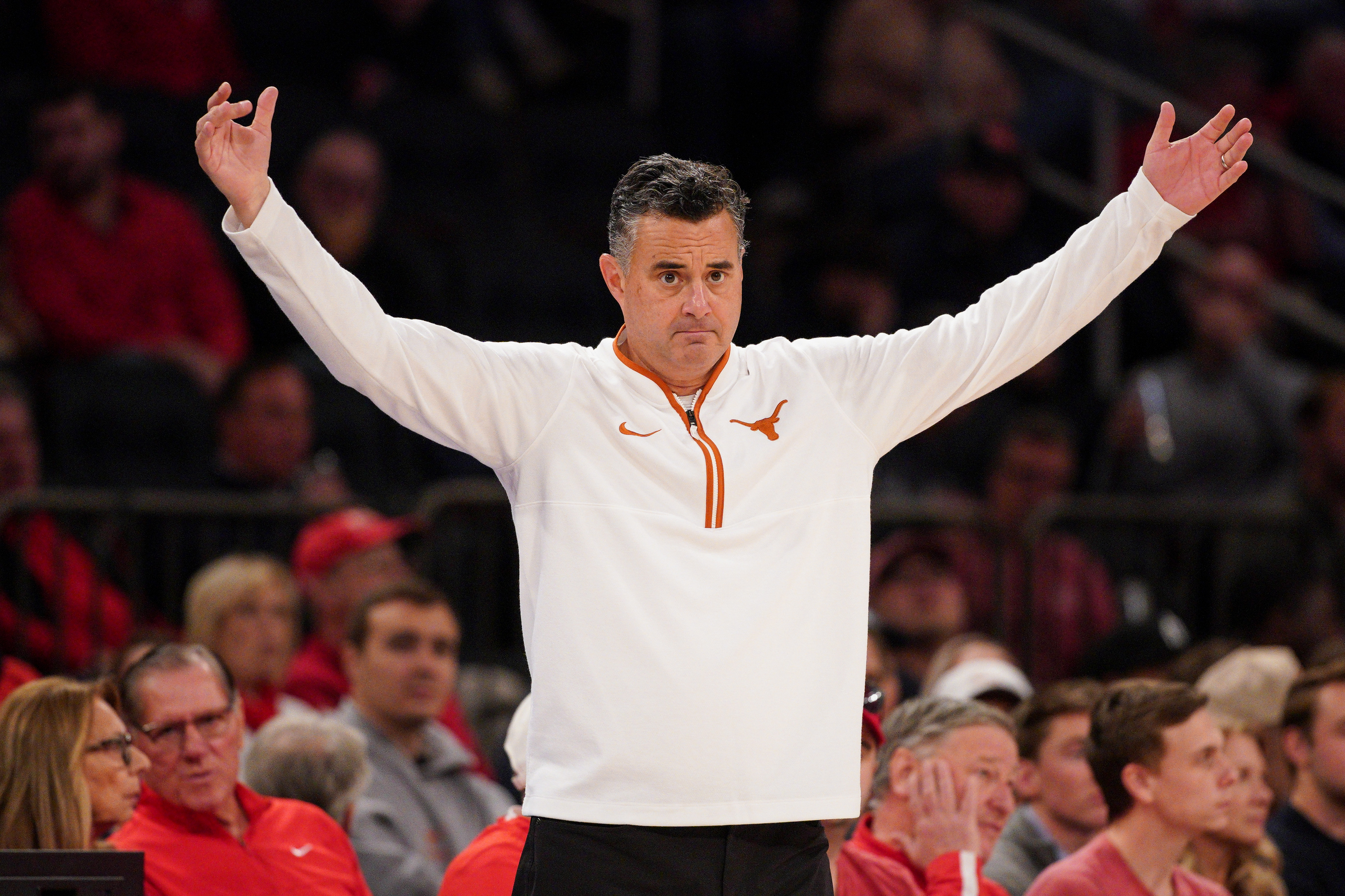 NEW YORK, NEW YORK - OCTOBER 25: Head Coach Sean Miller of the Texas Longhorns instructs his team in the second half against the St. John's Red Storm at Madison Square Garden on October 25, 2026 in New York City. (Photo by Evan Bernstein/Getty Images)