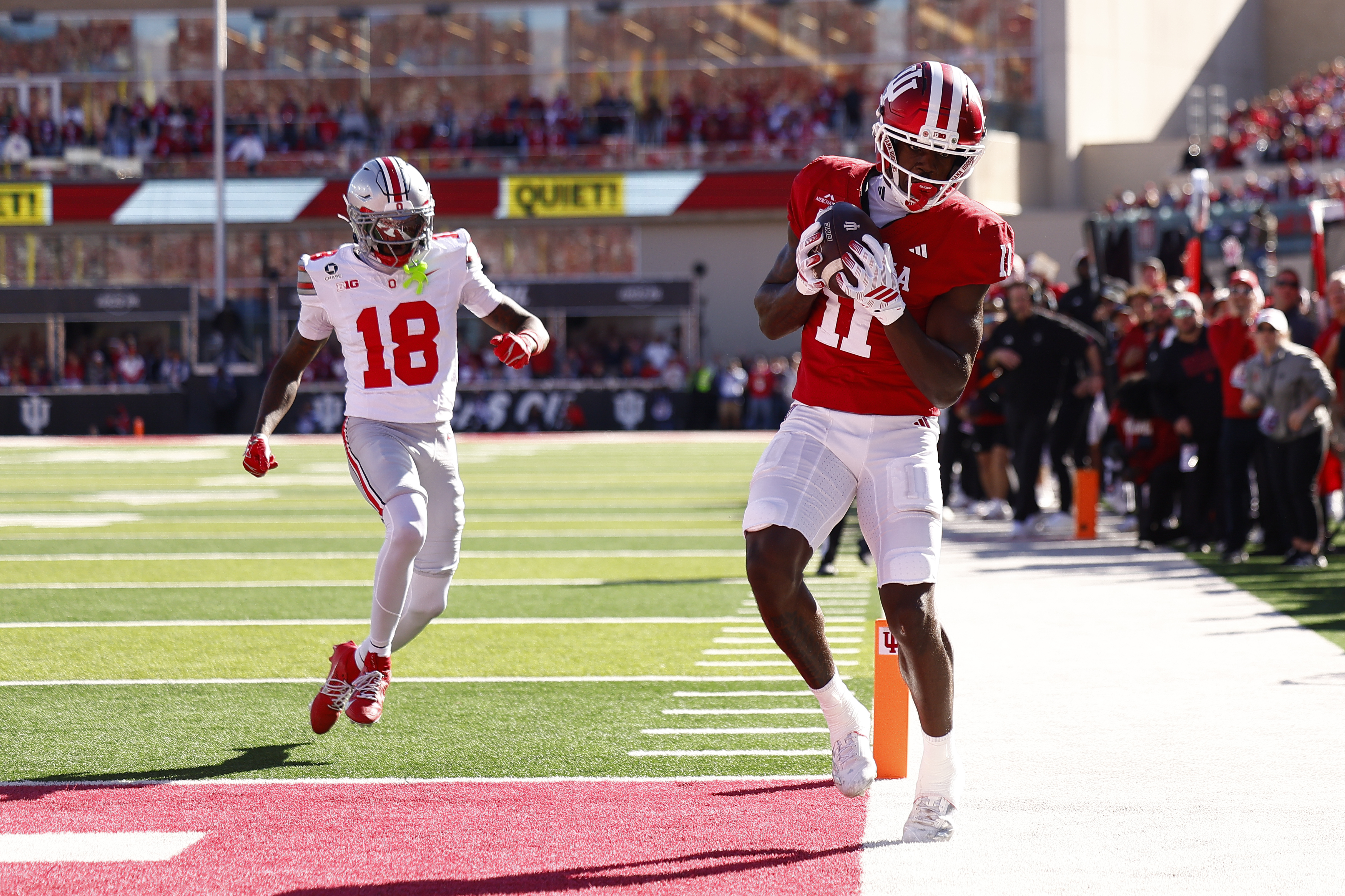 BLOOMINGTON, IN - OCTOBER 17: Indiana Hoosiers wide receiver Nick Marsh (11) comes down just out of bounds with his catch later in the fourth quarter of play during a college football game between the Ohio State Buckeyes and the Indiana Hoosiers on October 17, 2026 at Memorial Stadium in Bloomington, IN.  (Photo by Jeffrey Brown/Icon Sportswire via Getty Images)