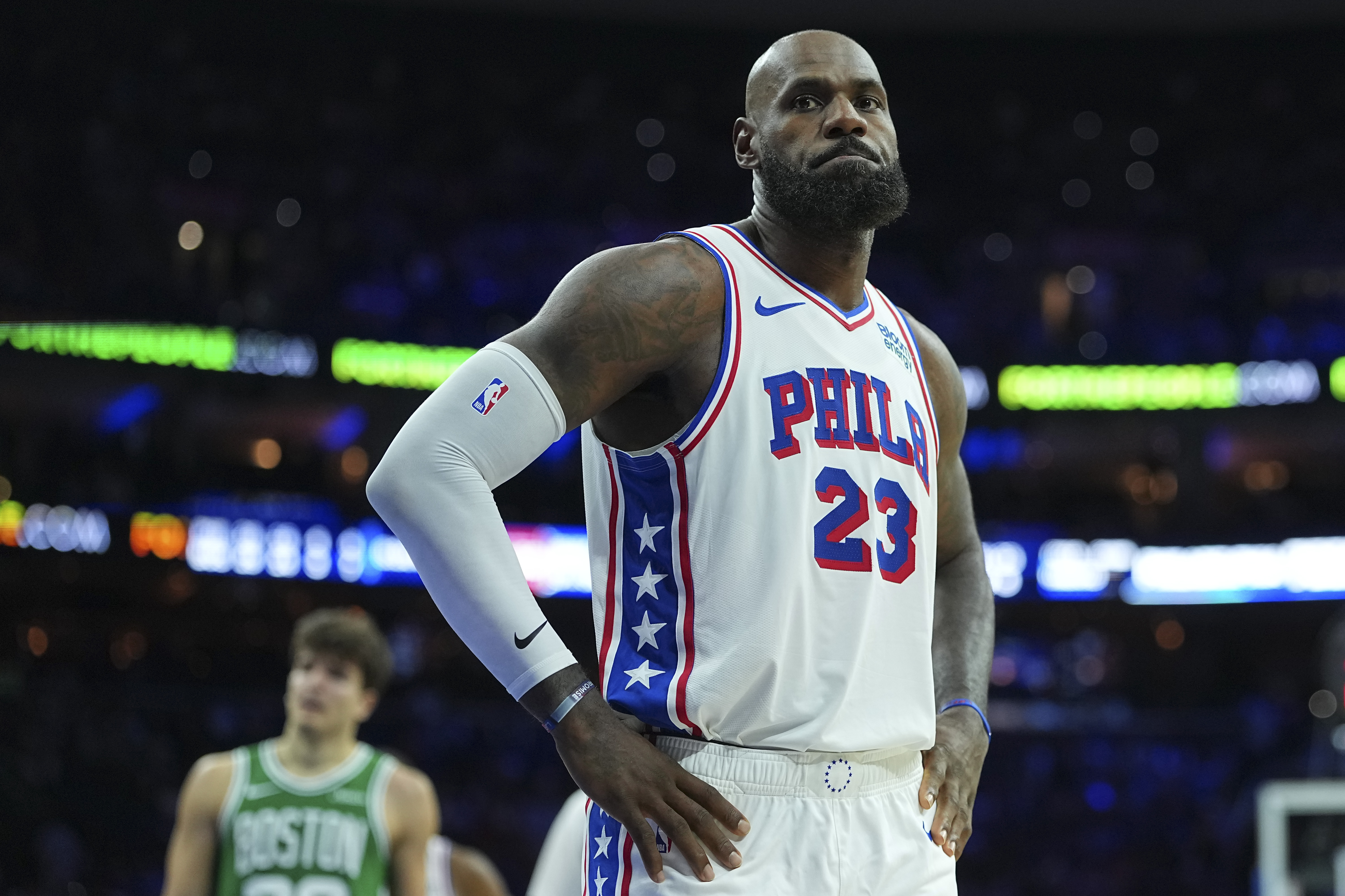 PHILADELPHIA, PENNSYLVANIA - OCTOBER 16: LeBron James #23 of the Philadelphia 76ers looks on against the Boston Celtics during the preseason game at Xfinity Mobile Arena on October 16, 2026 in Philadelphia, Pennsylvania. NOTE TO USER: User expressly acknowledges and agrees that, by downloading and or using this photograph, User is consenting to the terms and conditions of the Getty Images License Agreement. (Photo by Mitchell Leff/Getty Images)