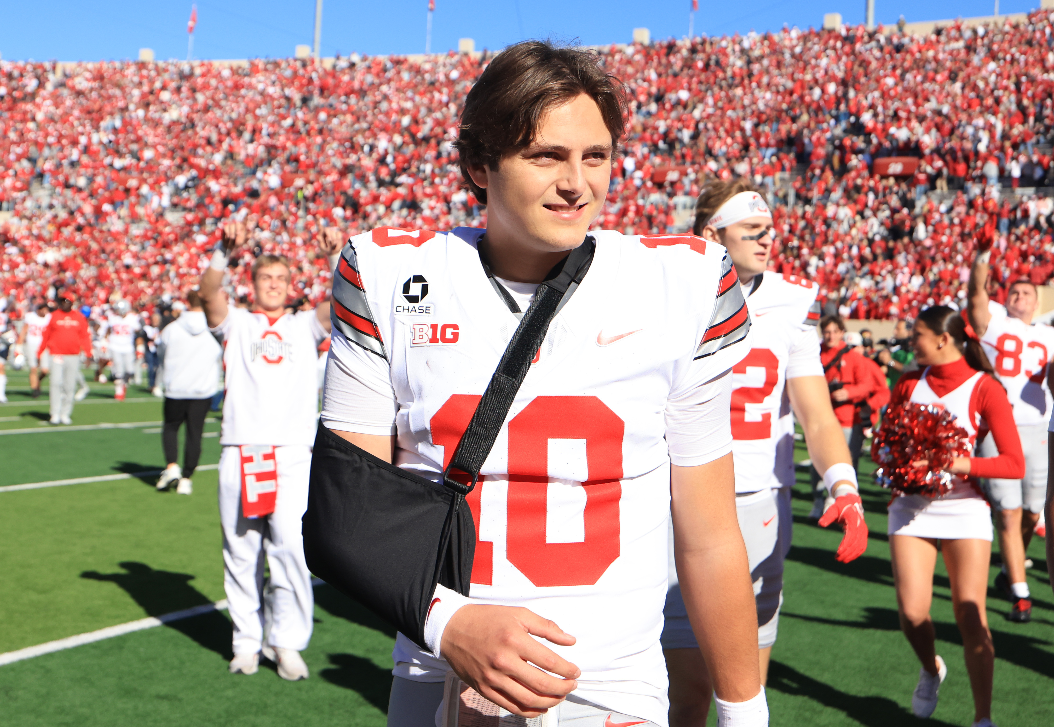 BLOOMINGTON, INDIANA - OCTOBER 17: Julian Sayin #10 of the Ohio State Buckeyes walks off the field with his arm in a sling after defeating the Indiana Hoosiers at Memorial Stadium on October 17, 2026 in Bloomington, Indiana. (Photo by Justin Casterline/Getty Images)