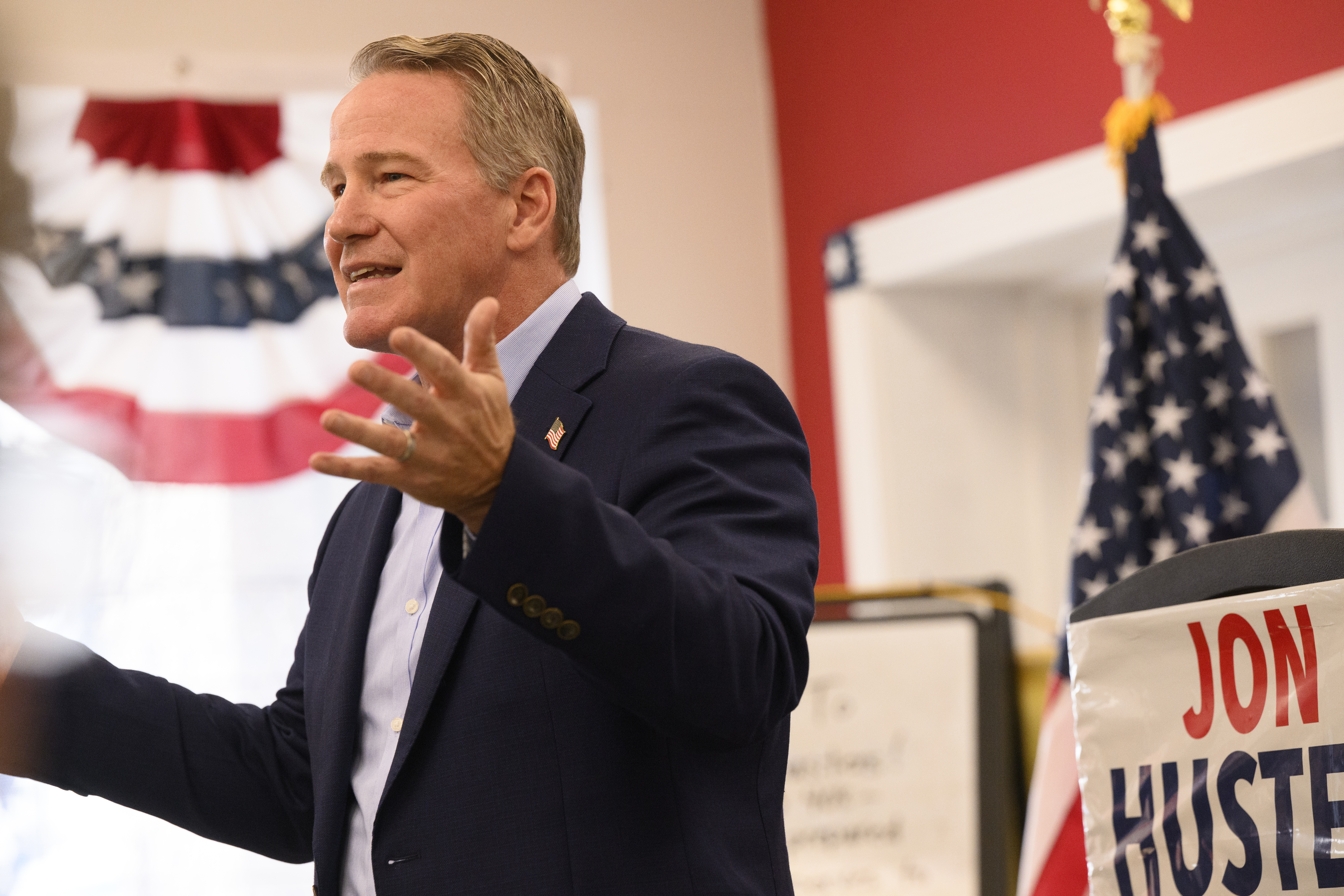BOARDMAN, OHIO - OCTOBER 15: U.S. Sen. Jon Husted (R-OH) campaigns at the Mahoning County Republican Party Headquarters on October 15, 2026 in Boardman, Ohio. Husted is in a tight race to keep his senate seat against former Democratic US Sherrod Brown in the midterm elections.(Photo by Jeff Swensen/Getty Images)