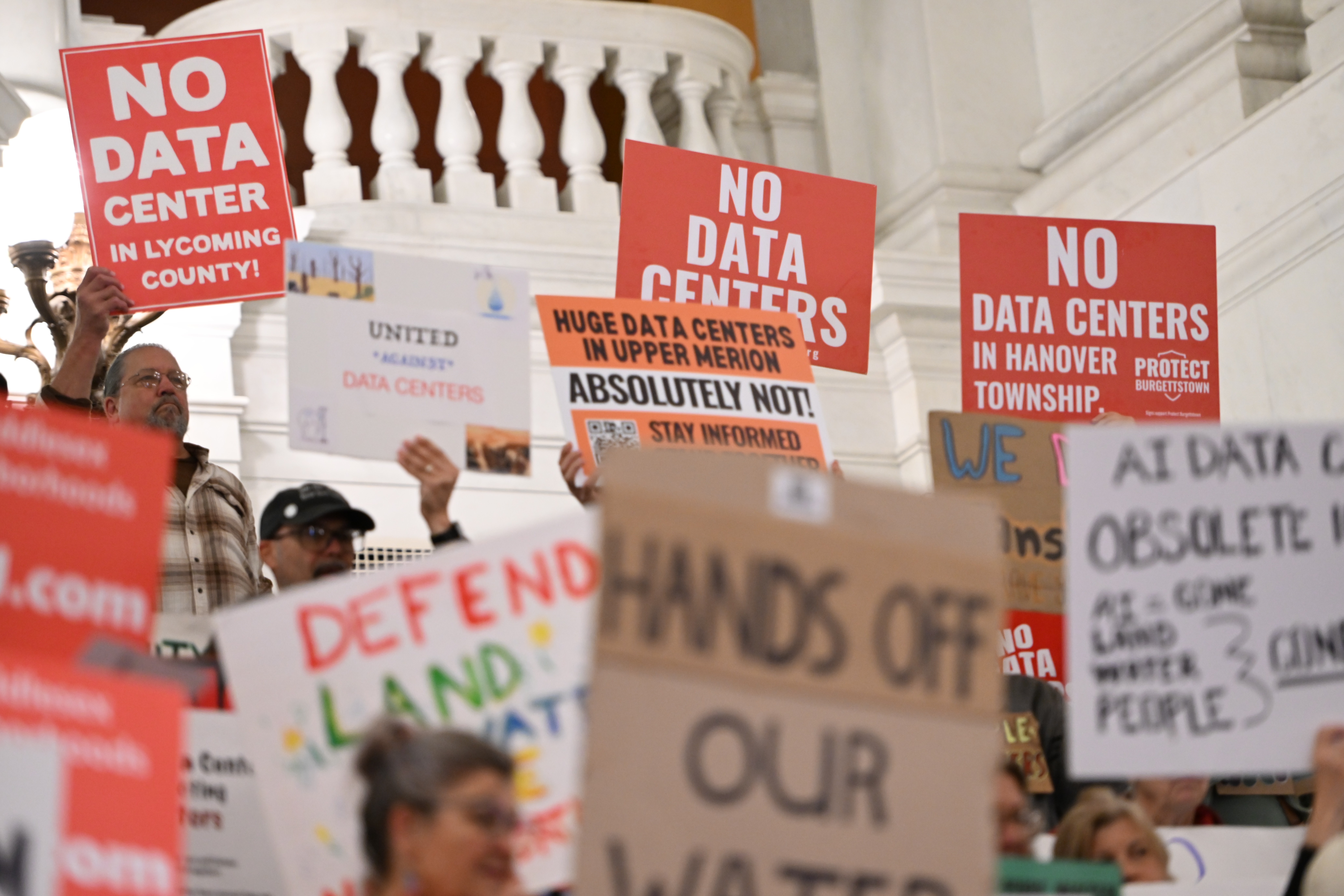 Anti-data center demonstrators protest at the Pennsylvania Capitol on Oct. 6, 2026. 