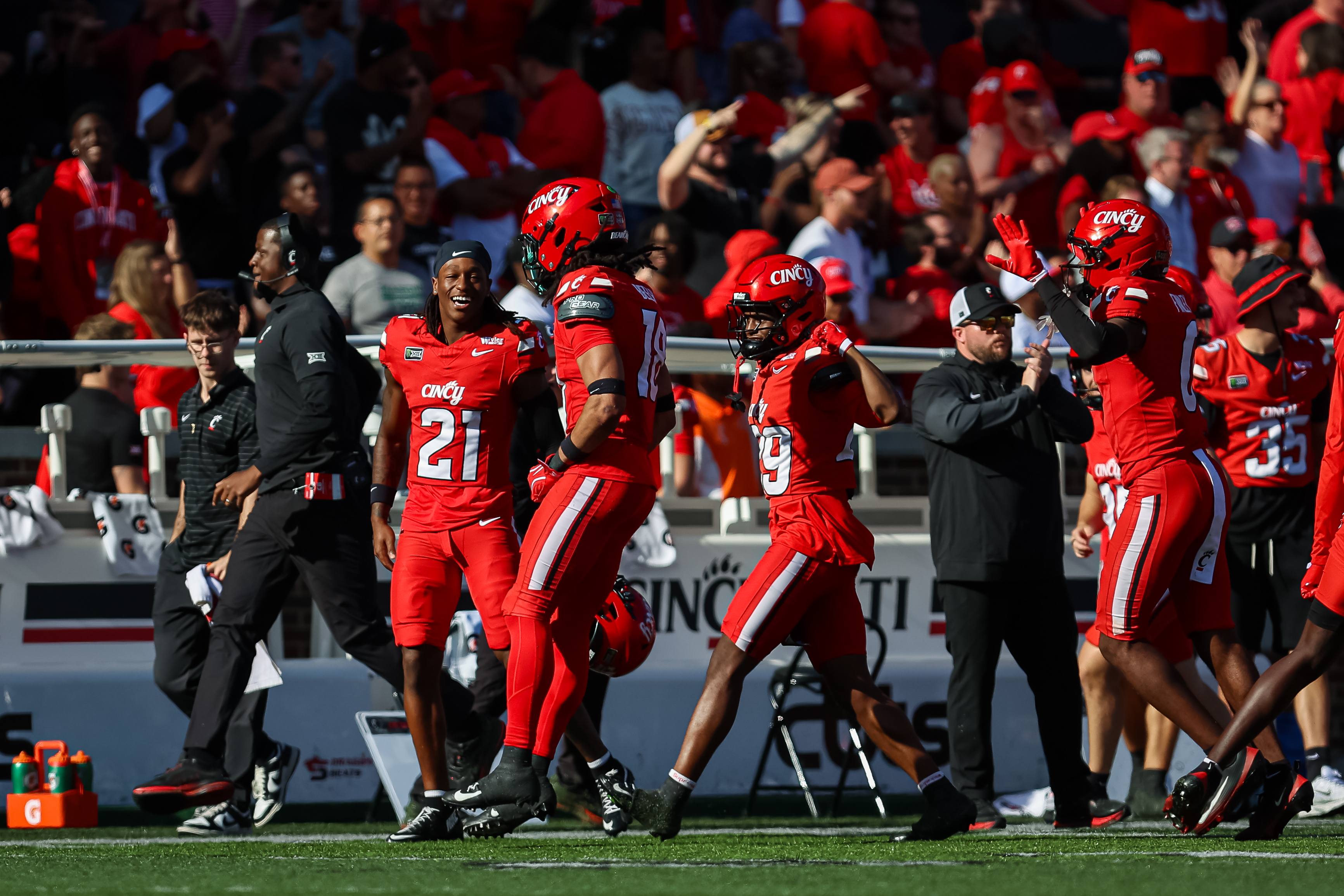 Cincinnati teammates celebrate after safety Jasper Beeler (18) and linebacker Filip MacIorowski (12) made a stop on the third down during the second half of an NCAA college football game against Texas Tech, Saturday, Oct. 24 2026, in Cinci…