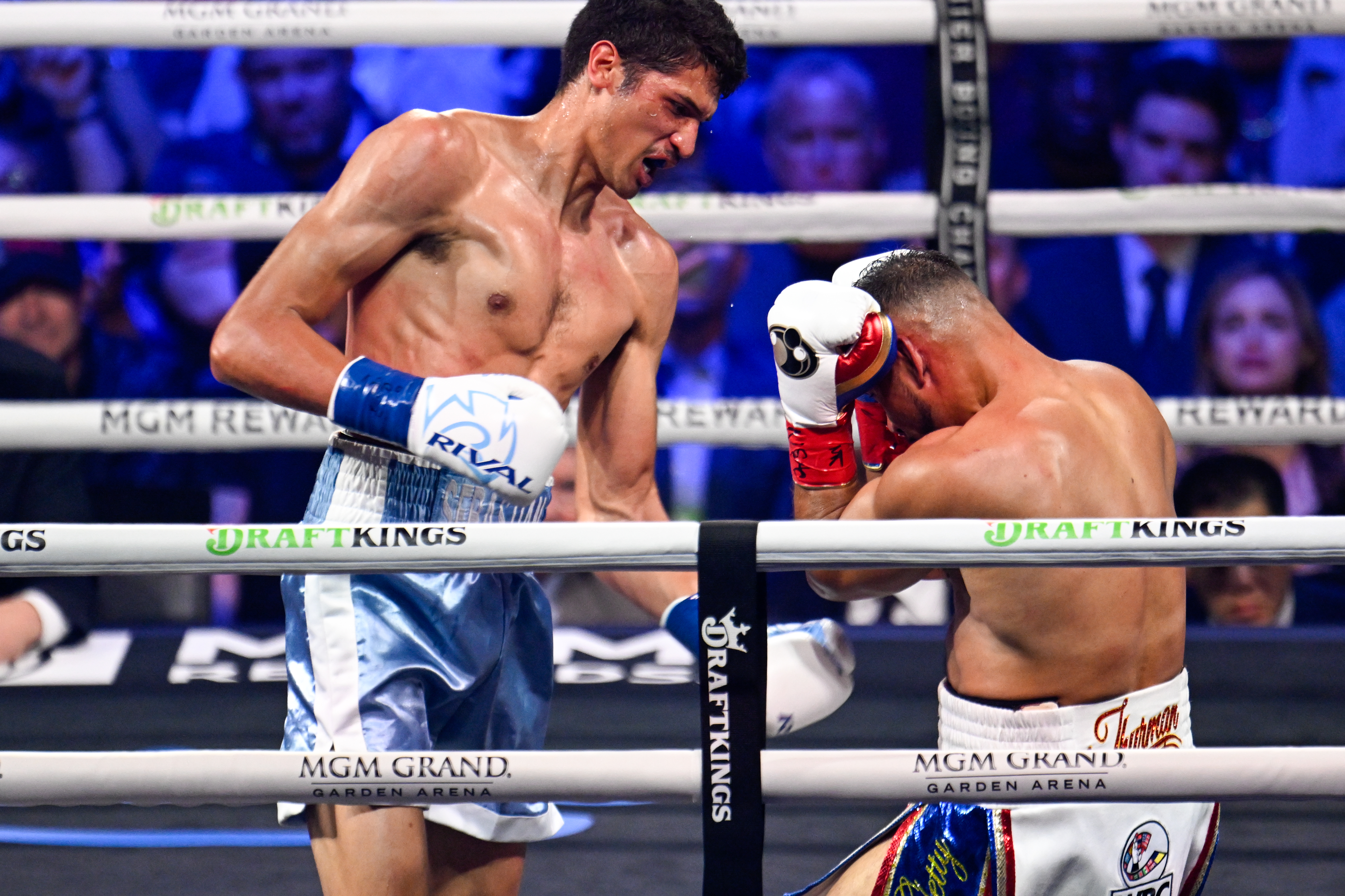 LAS VEGAS, NV - MARCH 28: Keith Thurman (in white, red & blue short) and Sebastian Fundora (in turquoise & white short) exchange punches during their WBC world super welterweight champion titles of the Premiere Boxing Championship on Saturday night's main event at the MGM Grand Garden Arena in Las Vegas, Nevada, United States on March 28, 2026. (Photo by Tayfun Coskun/Anadolu via Getty Images)
