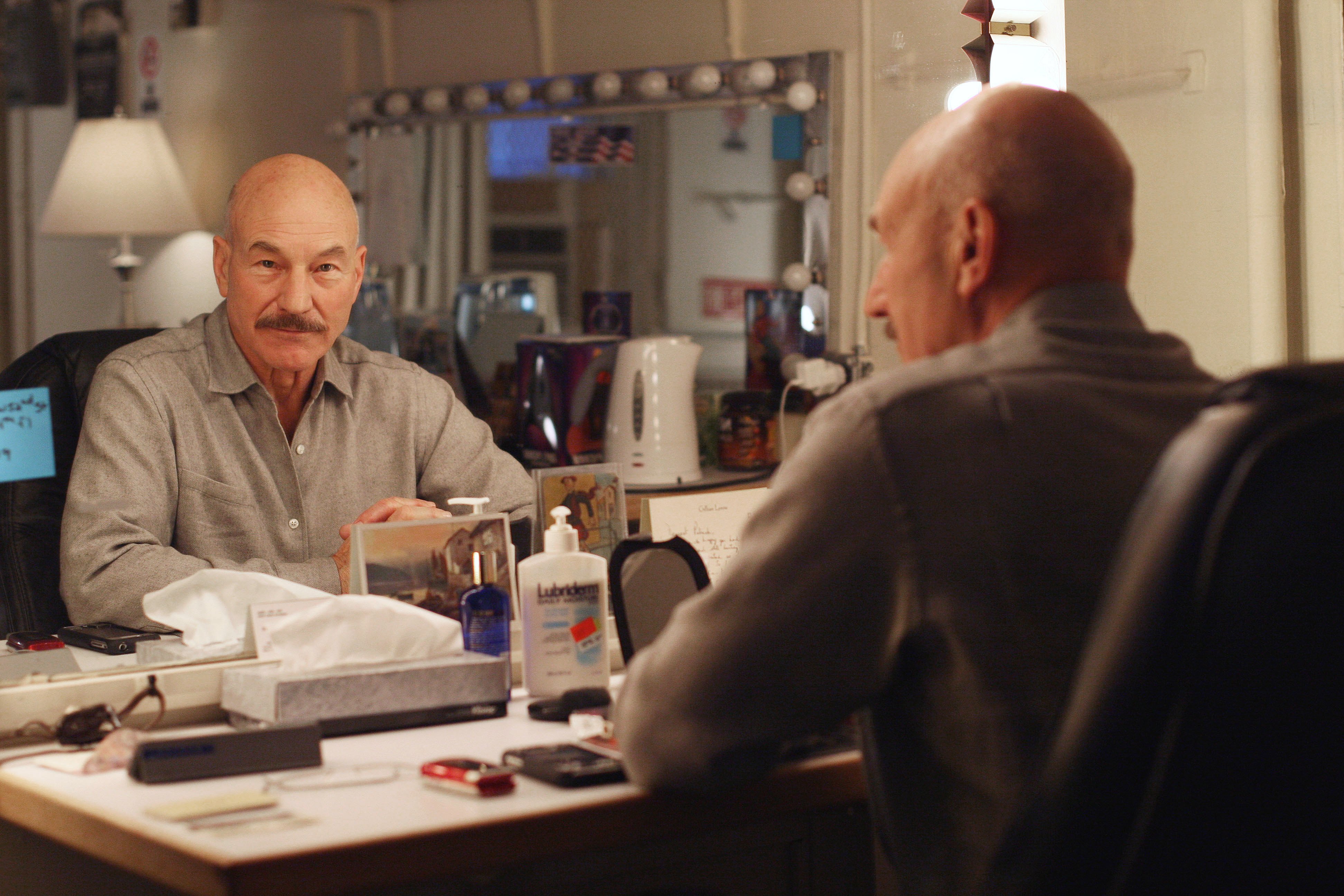 Patrick Stewart poses in his dressing room at the Lyceum Theater in New York in 2008 during a production of 'Macbeth.'