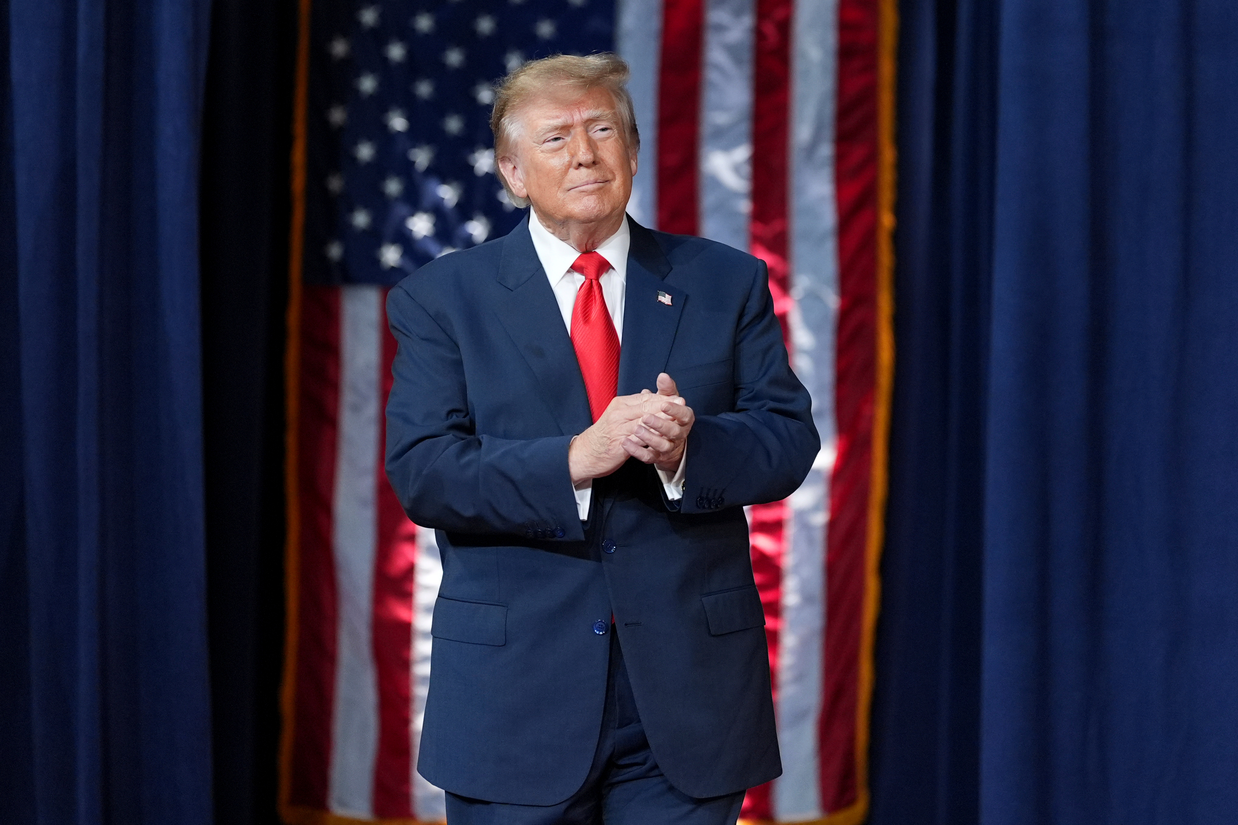 President Donald Trump arrives to speak at a campaign rally at F&M Bank Arena, Saturday, Oct. 10, 2026, in Clarksville, Tenn. (AP Photo/Alex Brandon)