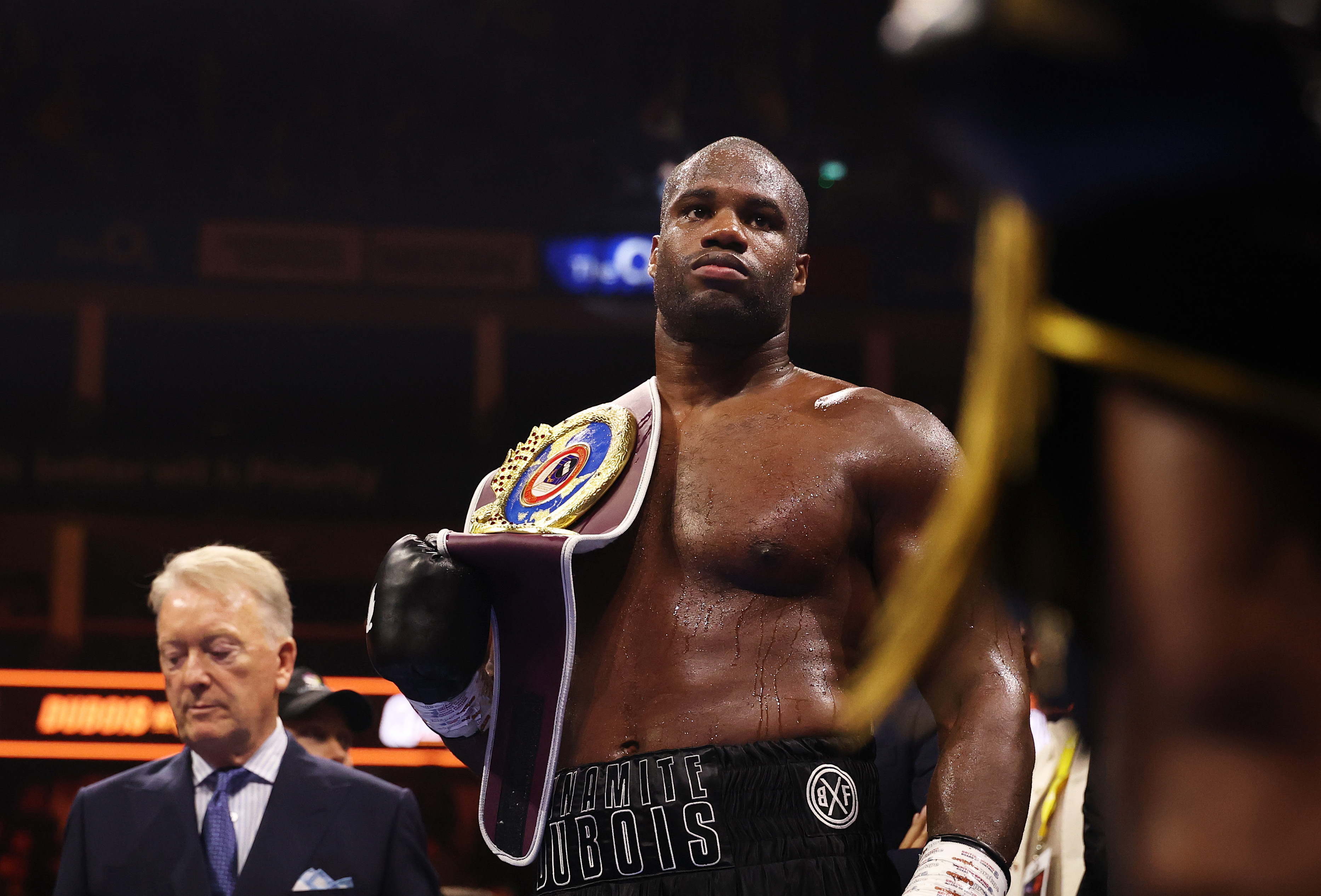 LONDON, ENGLAND - OCTOBER 17: Daniel Dubois looks on with the title belt after victory over Fabio Wardley in their WBO World Heavyweight title fight on the Daniel Dubois v Fabio Wardley 2: Run It Back fight card at The O2 Arena on October 17, 2026 in London, England.  (Photo by Richard Heathcote/Getty Images)