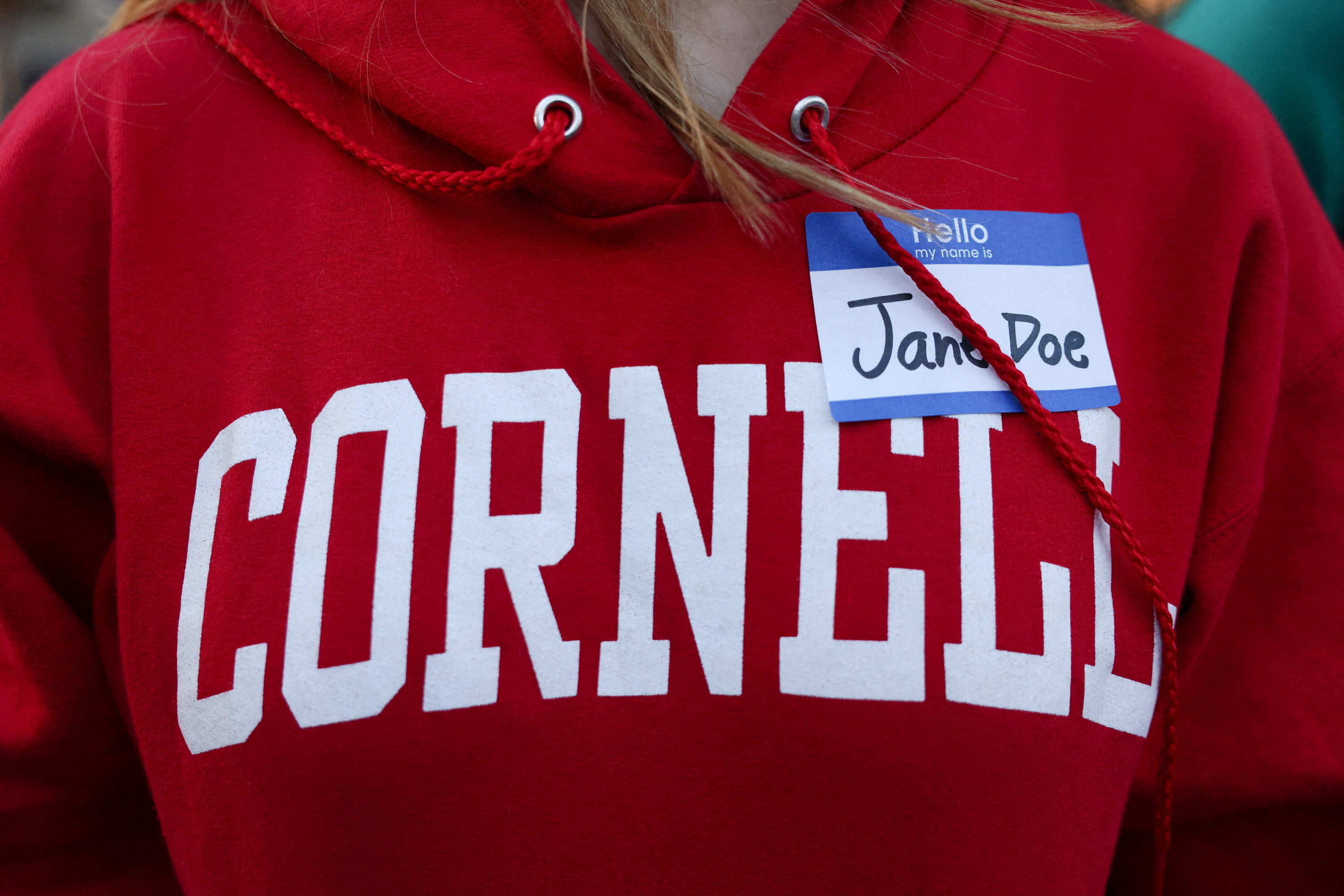 A student wears a Jane Doe name tag during a rally at Cornell University in Ithaca, N.Y., on Oct. 5.