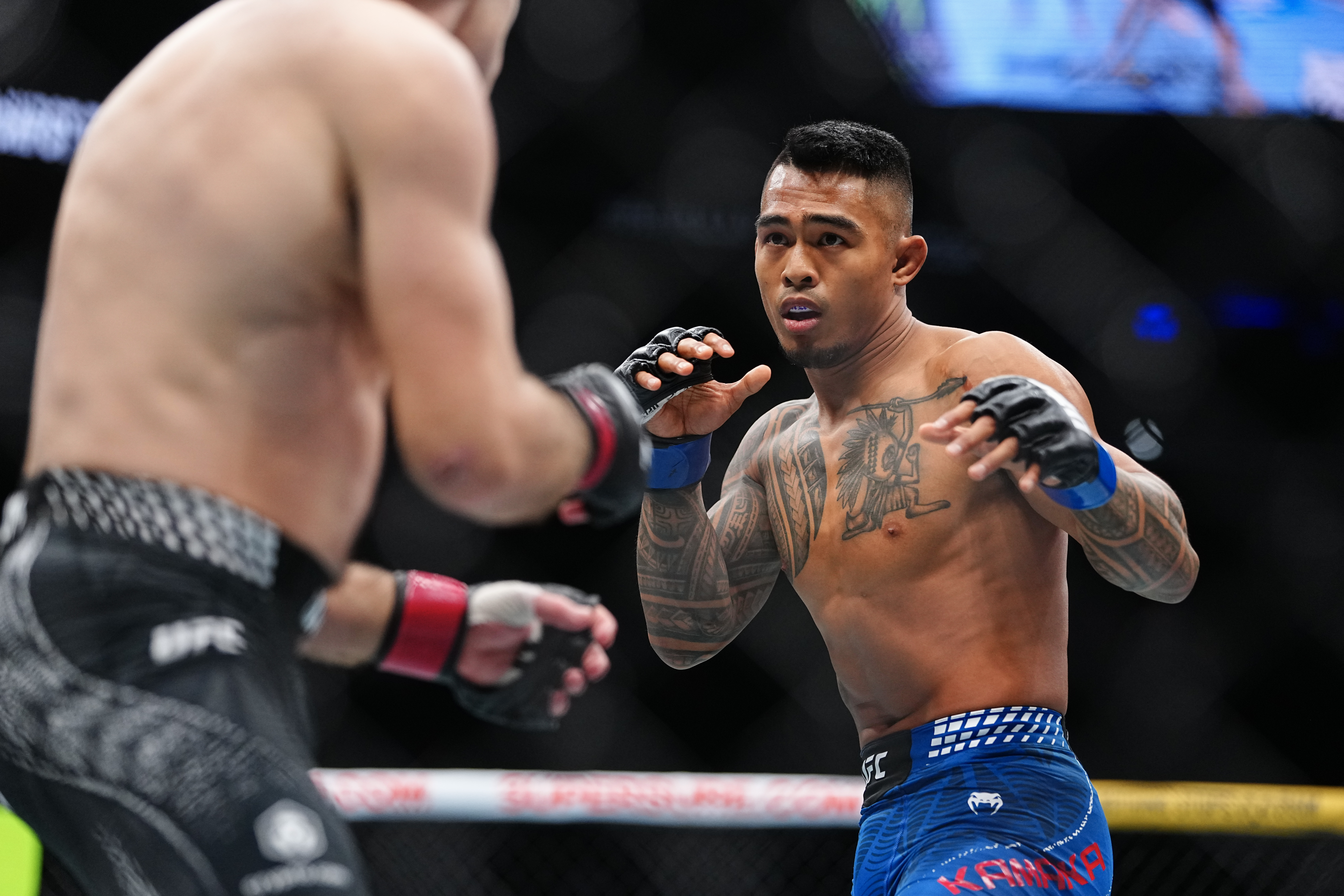 LAS VEGAS, NEVADA - JULY 11: Kai Kamaka III faces Luke Riley in a bantamweight fight during the UFC 329 event at T-Mobile Arena on July 11, 2026 in Las Vegas, Nevada. (Photo by Chris Unger/Zuffa LLC)