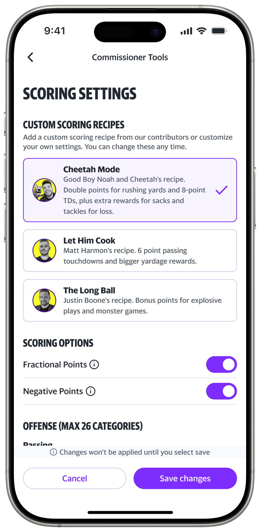 How to get to custom recipes in the Yahoo Fantasy app.