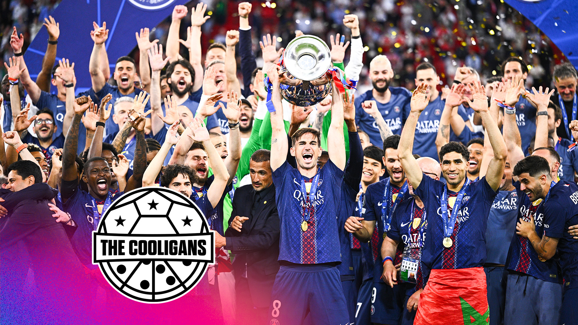Hungary, Budapest: Soccer, Men: Champions League, Paris Saint-Germain (PSG) - FC Arsenal, Final, Puskás Aréna, Fabián Ruiz (M, Paris Saint-Germain) celebrates with the Champions League trophy after winning the penalty shoot-out, while his teammates celebrate. Photo: Tom Weller/dpa (Photo by Tom Weller/picture alliance via Getty Images)