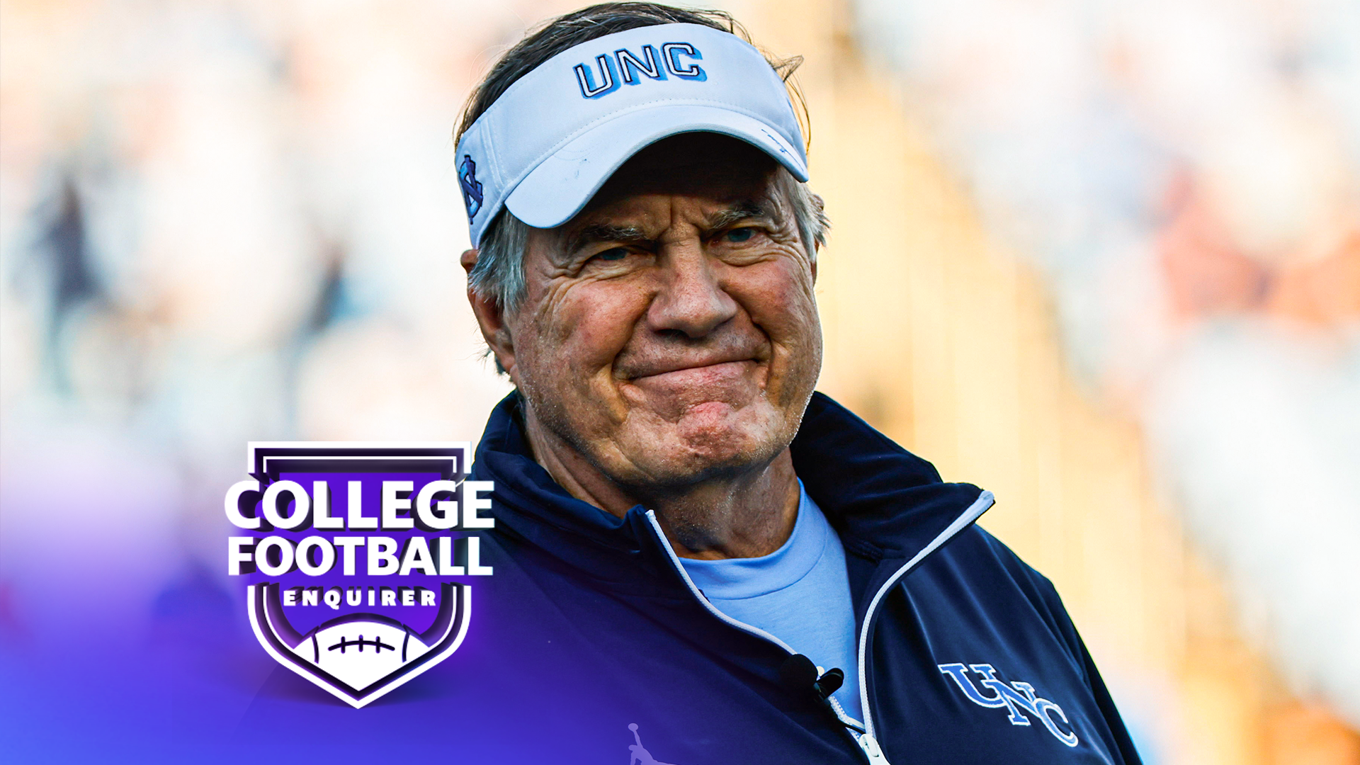 Head coach Bill Belichick of the North Carolina Tar Heels smiles during warmups prior to their game against the Duke Blue Devils at Kenan Memorial Stadium