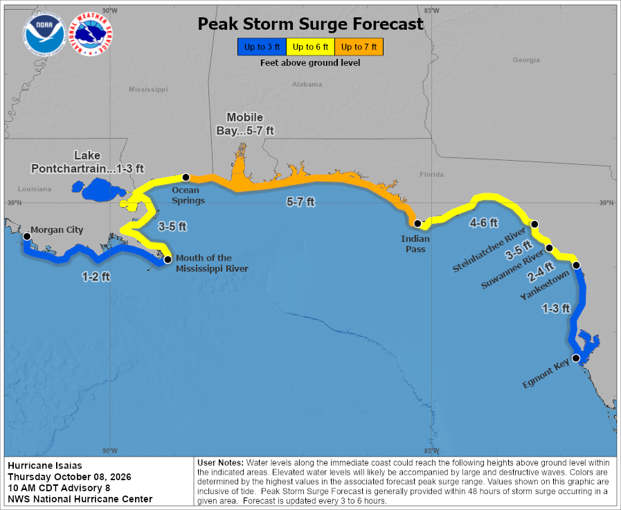 Map showing the projected path of Hurricane Isaias towards the Gulf Coast.