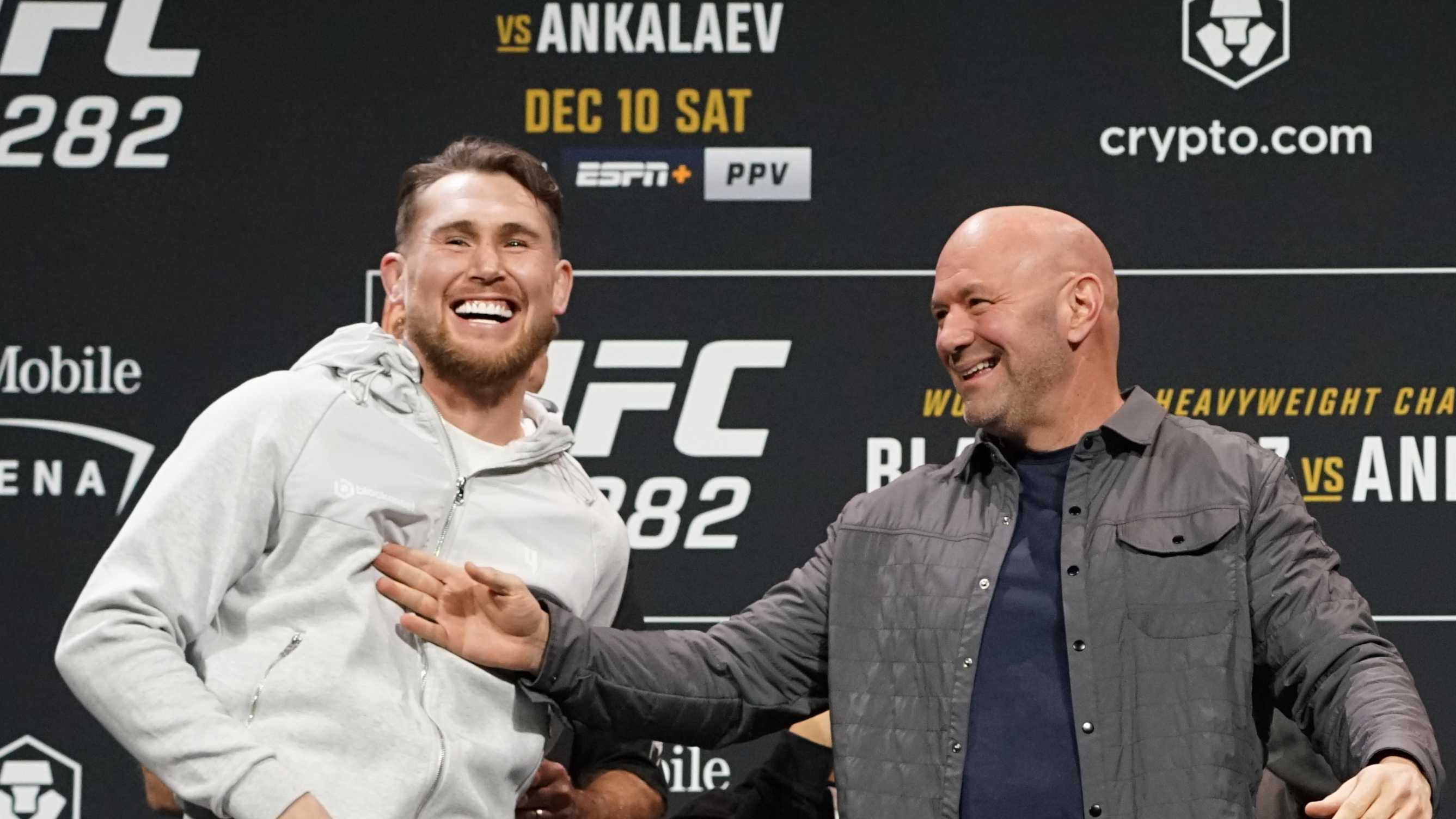 LAS VEGAS, NV - DECEMBER 8: Darren Till (L) and Dricus Du Plessis (R) face-off ahead of their UFC 282 bout on December 8, 2022, at the MGM Garden Grand Arena in Las Vegas, NV. (Photo by Amy Kaplan/Icon Sportswire via Getty Images)