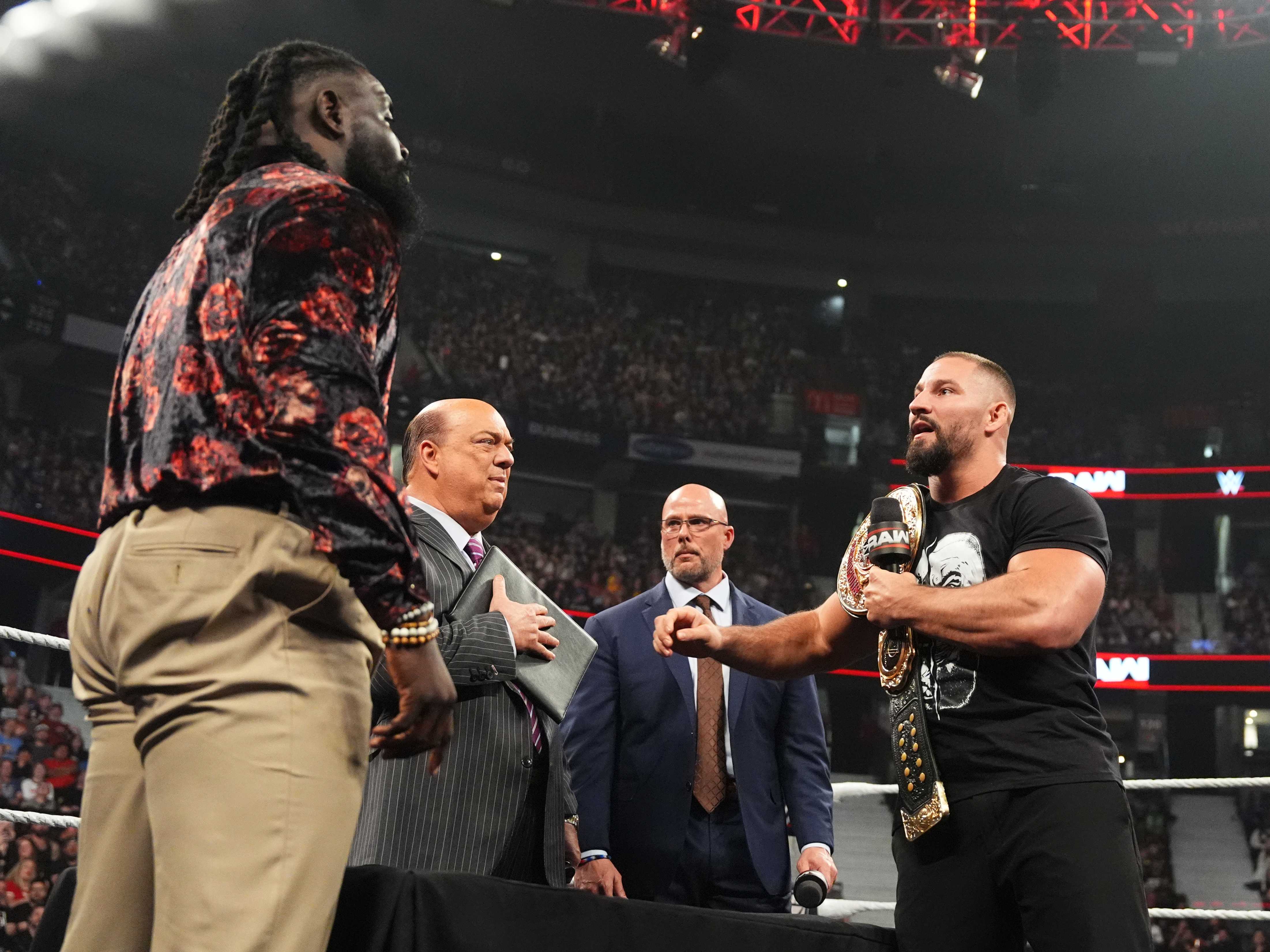 OTTAWA, CANADA - AUGUST 24: Bron Breakker (R) addresses Oba Femi during the contract signing with Paul Heyman and Adam Pearce during Monday Night RAW at Canadian Tire Centre on August 24, 2026 in Ottawa, Ontario. (Photo by Rich Wade/WWE via Getty Images)