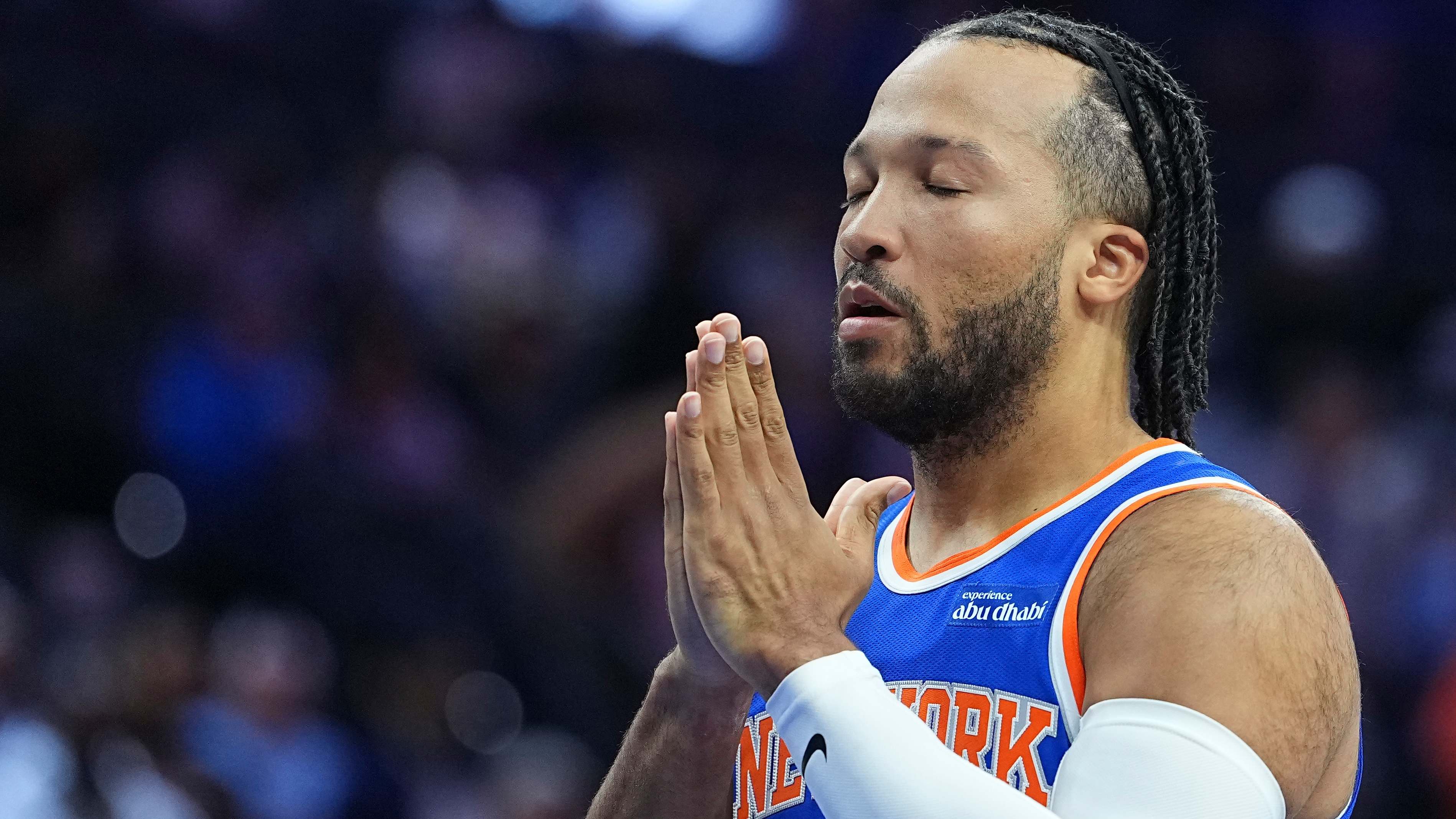PHILADELPHIA, PENNSYLVANIA - OCTOBER 5: Jalen Brunson #11 of the New York Knicks looks on against the Philadelphia 76ers during a preseason game at Xfinity Mobile Arena on October 5, 2026 in Philadelphia, Pennsylvania. The 76ers defeated the Knicks 120-97. NOTE TO USER: User expressly acknowledges and agrees that, by downloading and or using this photograph, User is consenting to the terms and conditions of the Getty Images License Agreement. (Photo by Mitchell Leff/Getty Images)